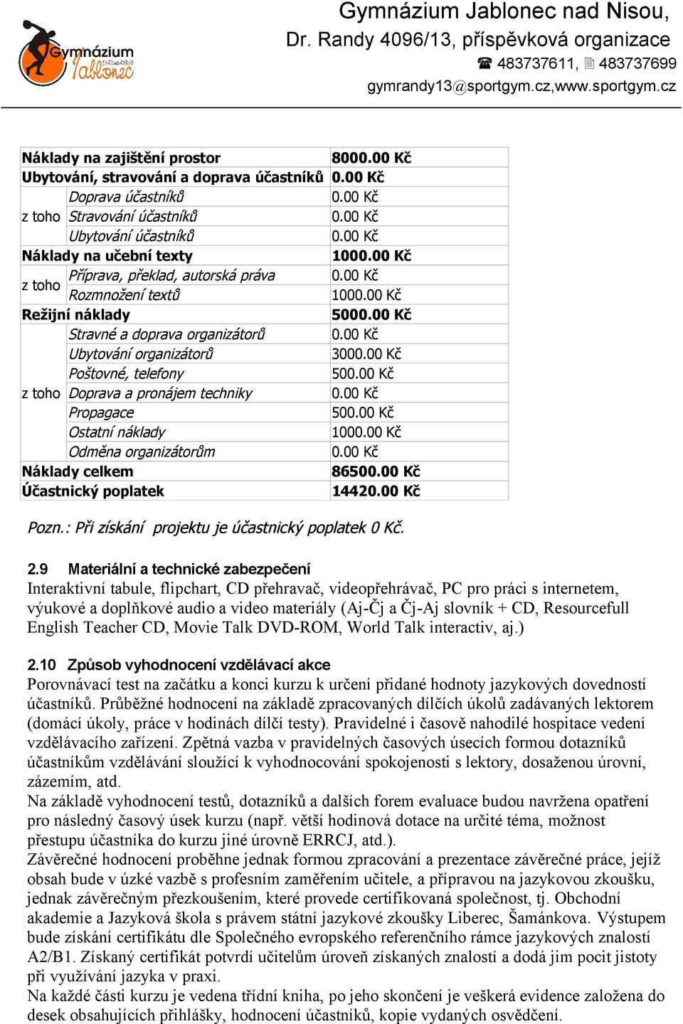 100 Odměna organizátorům Náklady celkem 8650 Účastnický poplatek 1442 Pozn.: Při získání projektu je účastnický poplatek 0 Kč. 2.