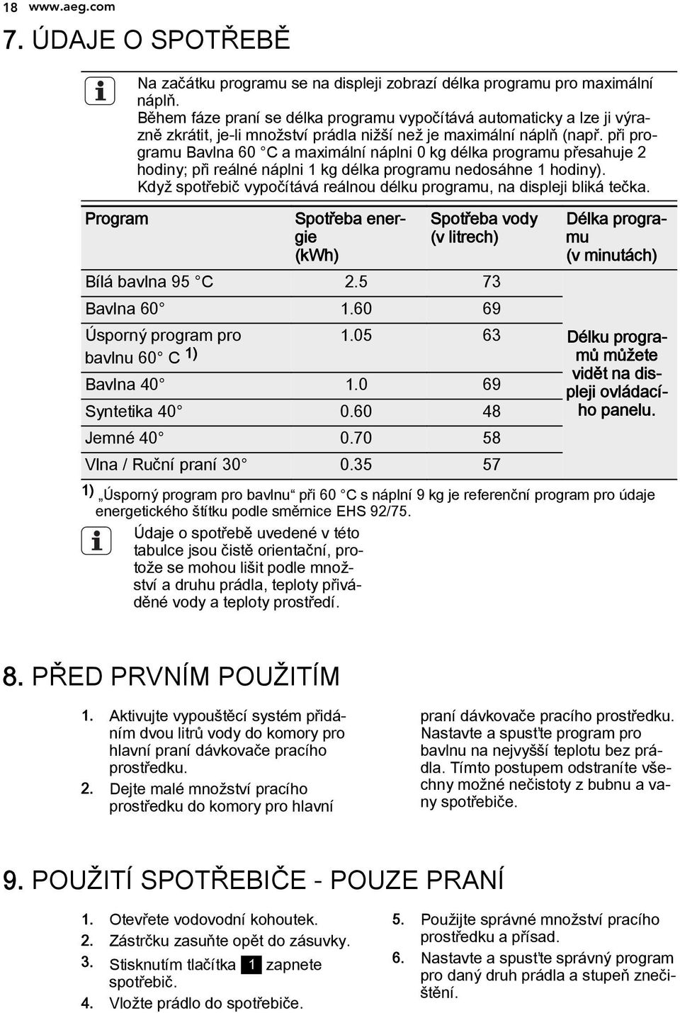 při programu Bavlna 60 C a maximální náplni 0 kg délka programu přesahuje 2 hodiny; při reálné náplni 1 kg délka programu nedosáhne 1 hodiny).