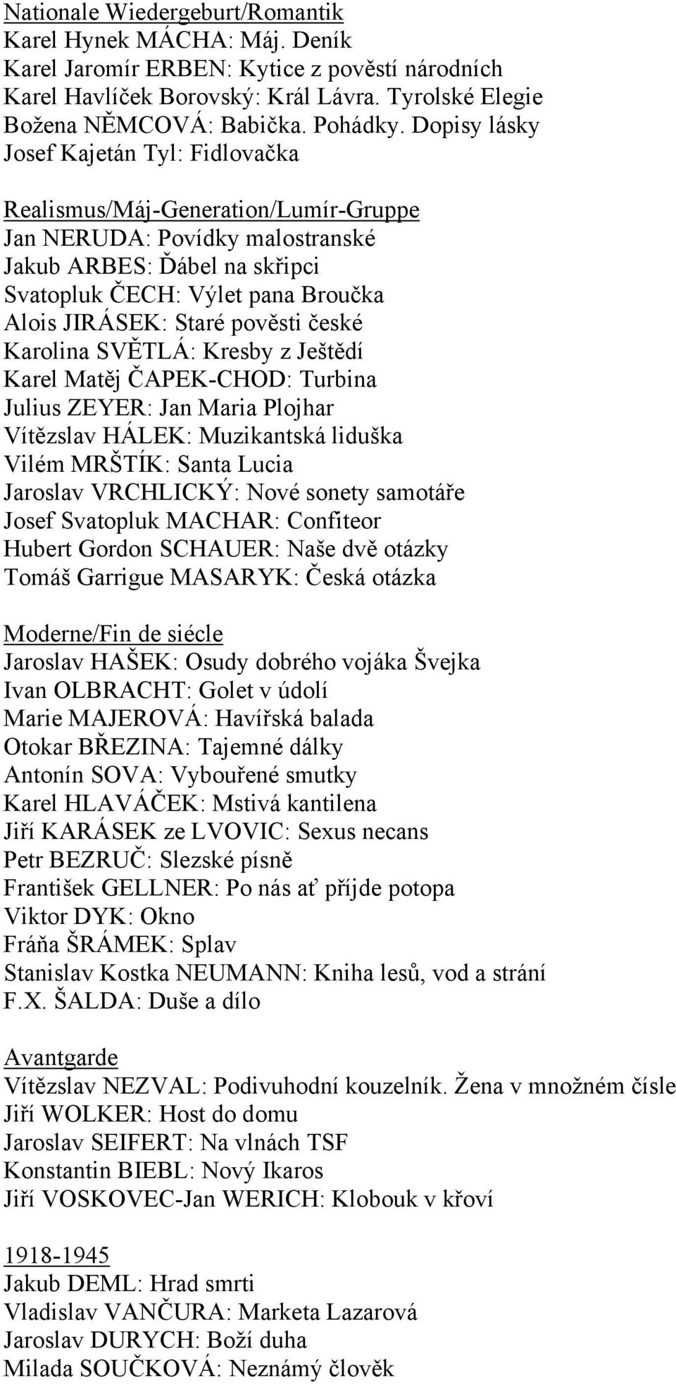 pověsti české Karolina SVĚTLÁ: Kresby z Ještědí Karel Matěj ČAPEK-CHOD: Turbina Julius ZEYER: Jan Maria Plojhar Vítězslav HÁLEK: Muzikantská liduška Vilém MRŠTÍK: Santa Lucia Jaroslav VRCHLICKÝ: Nové