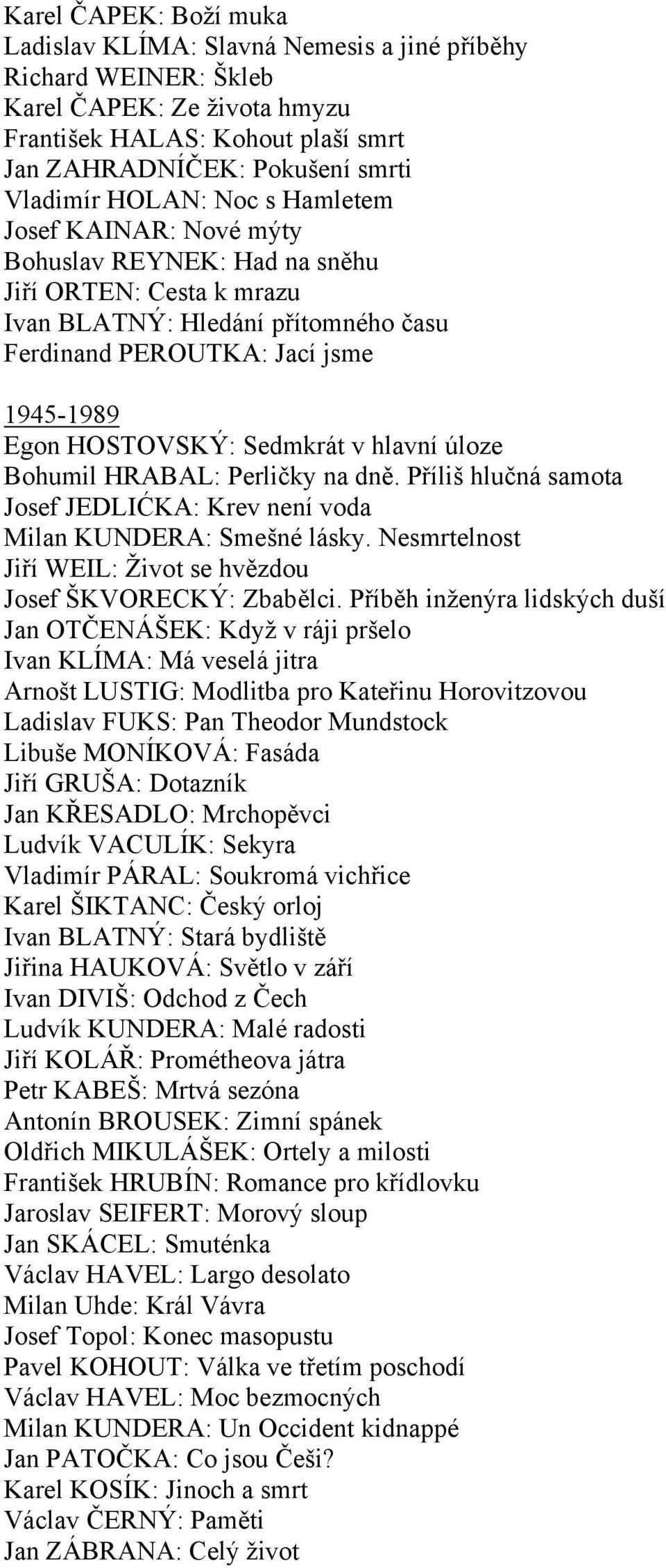 Sedmkrát v hlavní úloze Bohumil HRABAL: Perličky na dně. Příliš hlučná samota Josef JEDLIĆKA: Krev není voda Milan KUNDERA: Smešné lásky.