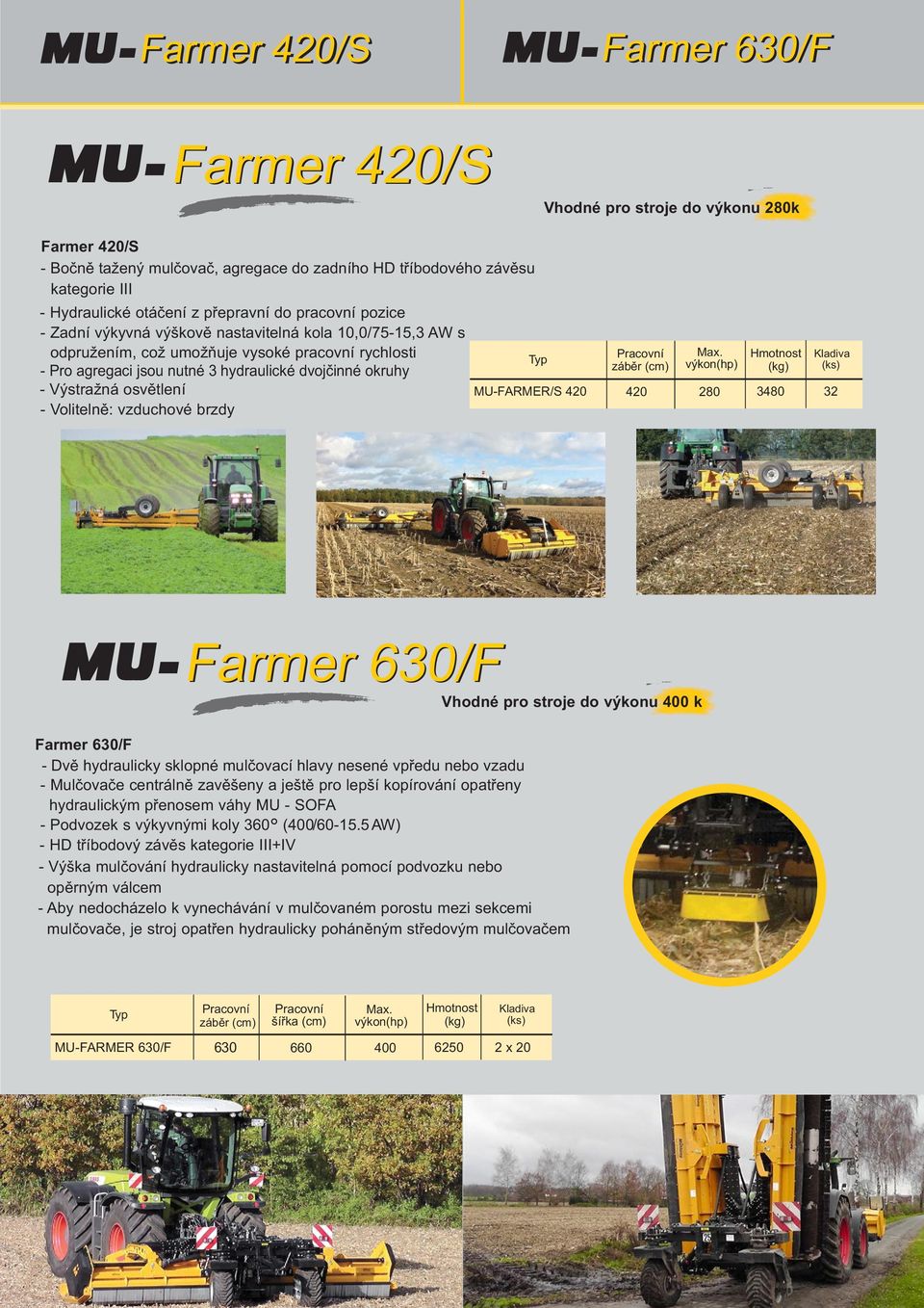 osvětlení MU-FARMER/S 420 - Volitelně: vzduchové brzdy záběr (cm) 420 280 Farmer 630/F Vhodné pro stroje do výkonu 400 k Farmer 630/F - Dvě hydraulicky sklopné mulčovací hlavy nesené vpředu nebo