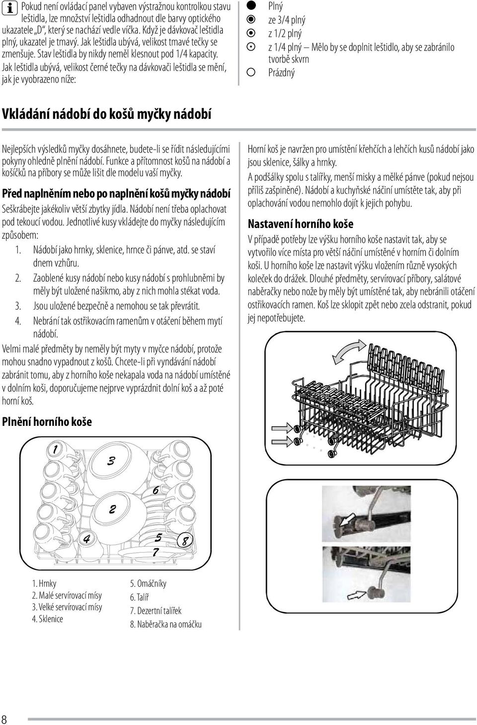 Jak leštidla ubývá, velikost černé tečky na dávkovači leštidla se mění, jak je vyobrazeno níže: Plný ze 3/4 plný z 1/2 plný z 1/4 plný Mělo by se doplnit leštidlo, aby se zabránilo tvorbě skvrn