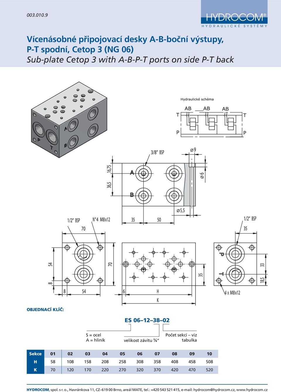 Sub-plate Cetop 3 with A-B-P-T ports on side P-T back ES 06 12 38 02 velikost