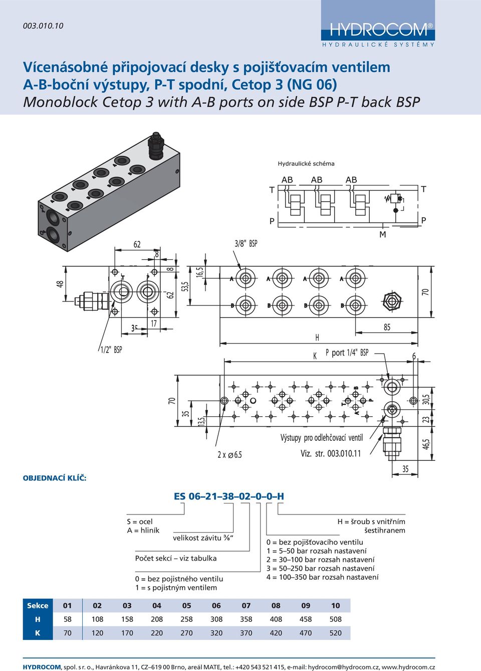 BSP P-T back BSP ES 06 21 38 02 0 0 H velikost závitu ⅜ Počet sekcí viz tabulka 0 = bez pojistného ventilu 1 = s pojistným ventilem H = šroub s