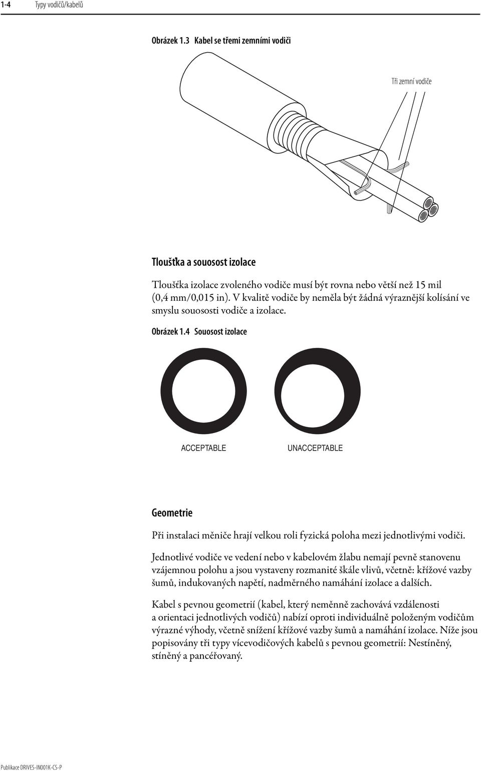 4 Souosost izolace ACCEPTABLE UNACCEPTABLE Geometrie Při instalaci měniče hrají velkou roli fyzická poloha mezi jednotlivými vodiči.