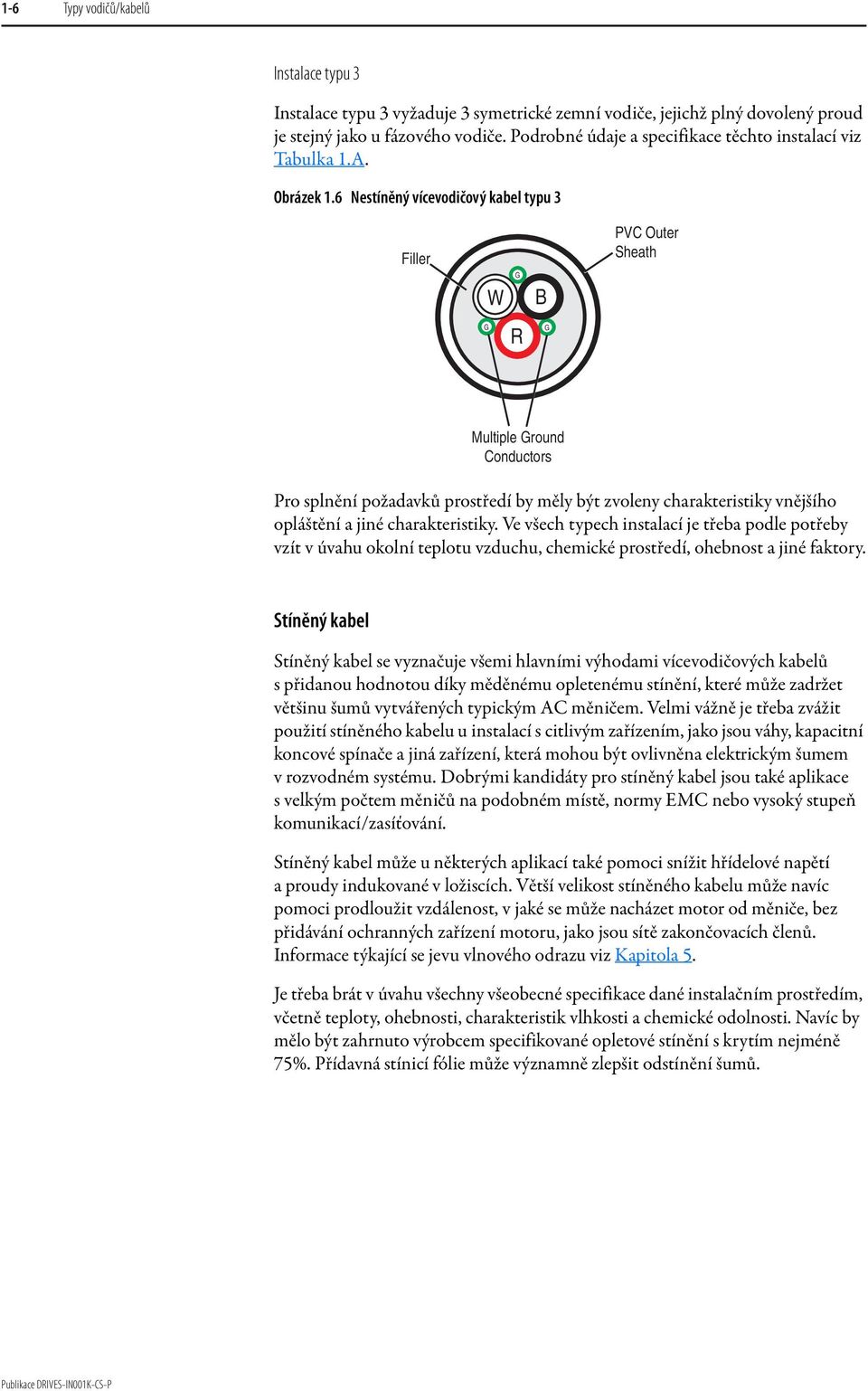 6 Nestíněný vícevodičový kabel typu 3 Filler W G B PVC Outer Sheath G R G Multiple Ground Conductors Pro splnění požadavků prostředí by měly být zvoleny charakteristiky vnějšího opláštění a jiné