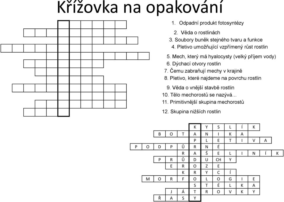 Čemu zabraňují mechy v krajině 8. Pletivo, které najdeme na povrchu rostlin 9. Věda o vnější stavbě rostlin 10. Tělo mechorostů se nazývá 11.