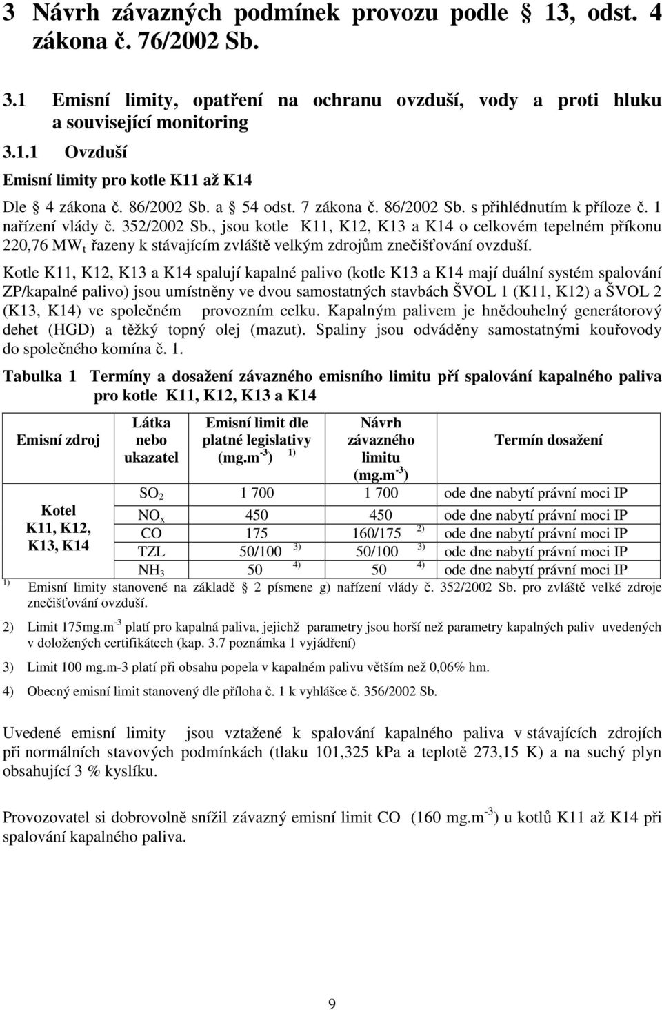 , jsou kotle K11, K12, K13 a K14 o celkovém tepelném příkonu 220,76 MW t řazeny k stávajícím zvláště velkým zdrojům znečišťování ovzduší.