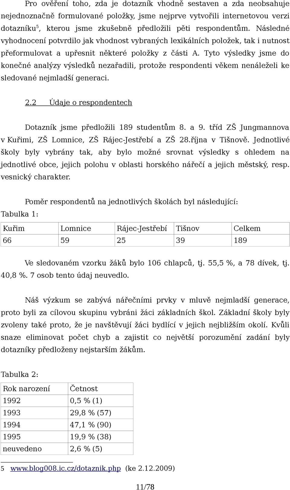 Tyto výsledky jsme do konečné analýzy výsledků nezařadili, protože respondenti věkem nenáleželi ke sledované nejmladší generaci. 2.2 Údaje o respondentech Dotazník jsme předložili 189 studentům 8.