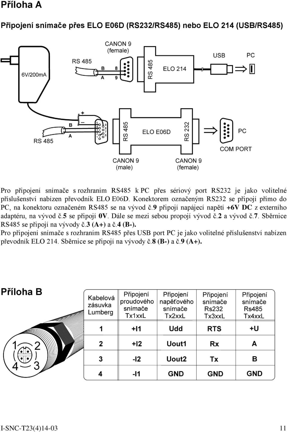 9 připojí napájecí napětí +6V DC z externího adaptéru, na vývod č.5 se připojí 0V. Dále se mezi sebou propojí vývod č.2 a vývod č.7. Sběrnice RS485 se připojí na vývody č.