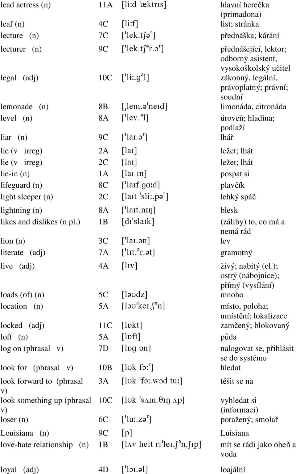 !mdHc\ limonáda, citronáda level (n) 8A Z!kdu-? k\ úroveň; hladina; podlaží liar (n) 9C Z!k`H-?