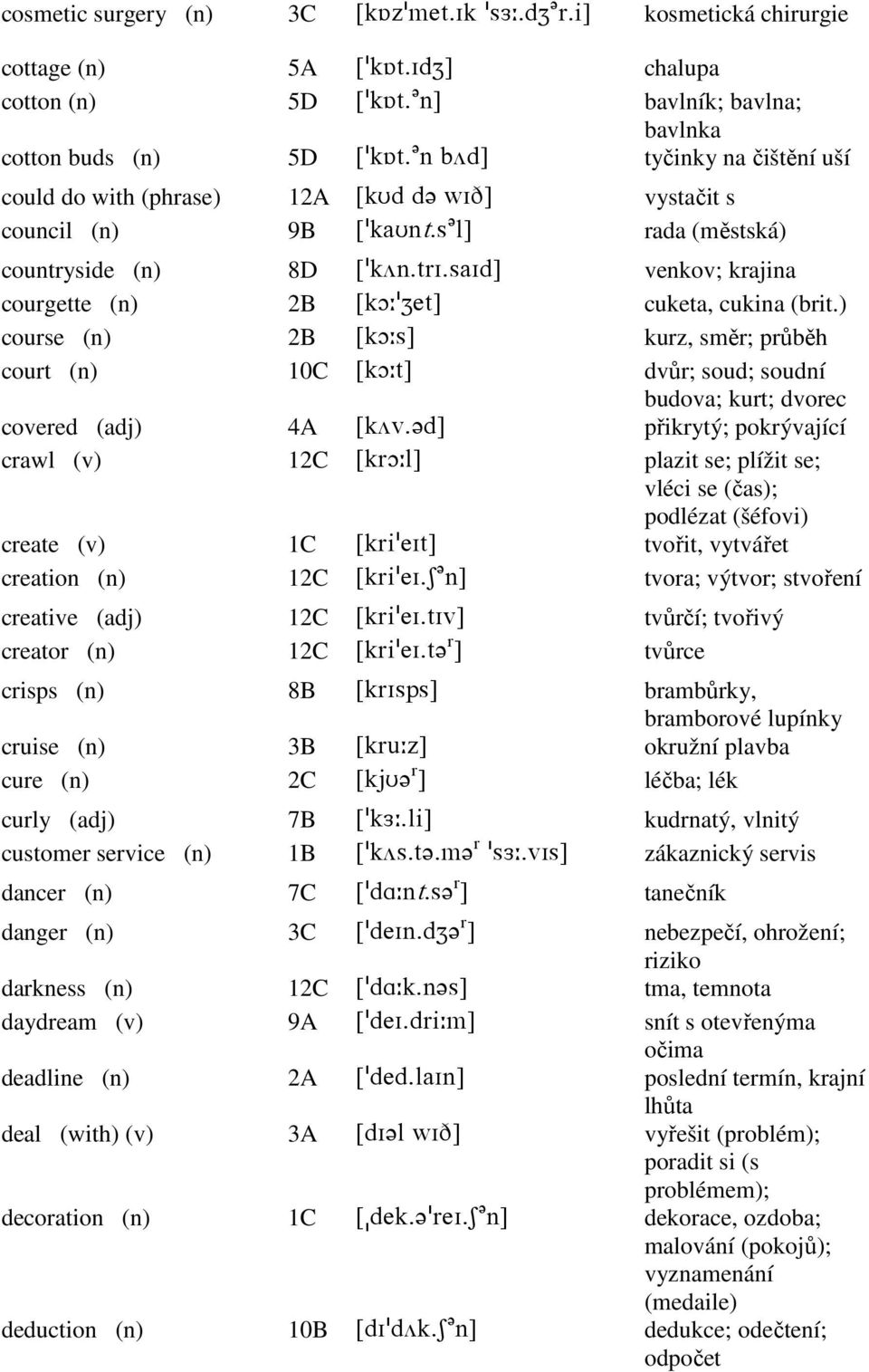 ) course (n) 2B ZjN9r\ kurz, směr; průběh court (n) 10C ZjN9s\ dvůr; soud; soudní budova; kurt; dvorec covered (adj) 4A ZjUu-?