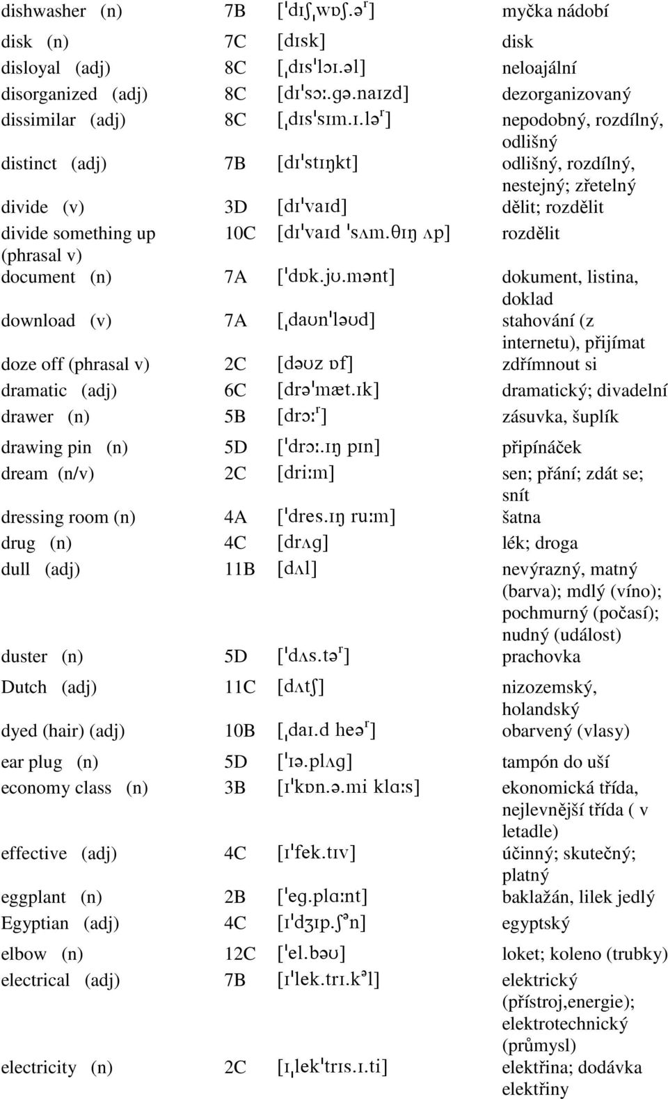 cPj-iT-l?ms\ dokument, listina, doklad download (v) 7A Z$c`Tm!k?Tc\ stahování (z internetu), přijímat doze off (phrasal v) 2C Zc?TyPe\ zdřímnout si dramatic (adj) 6C Zcq?