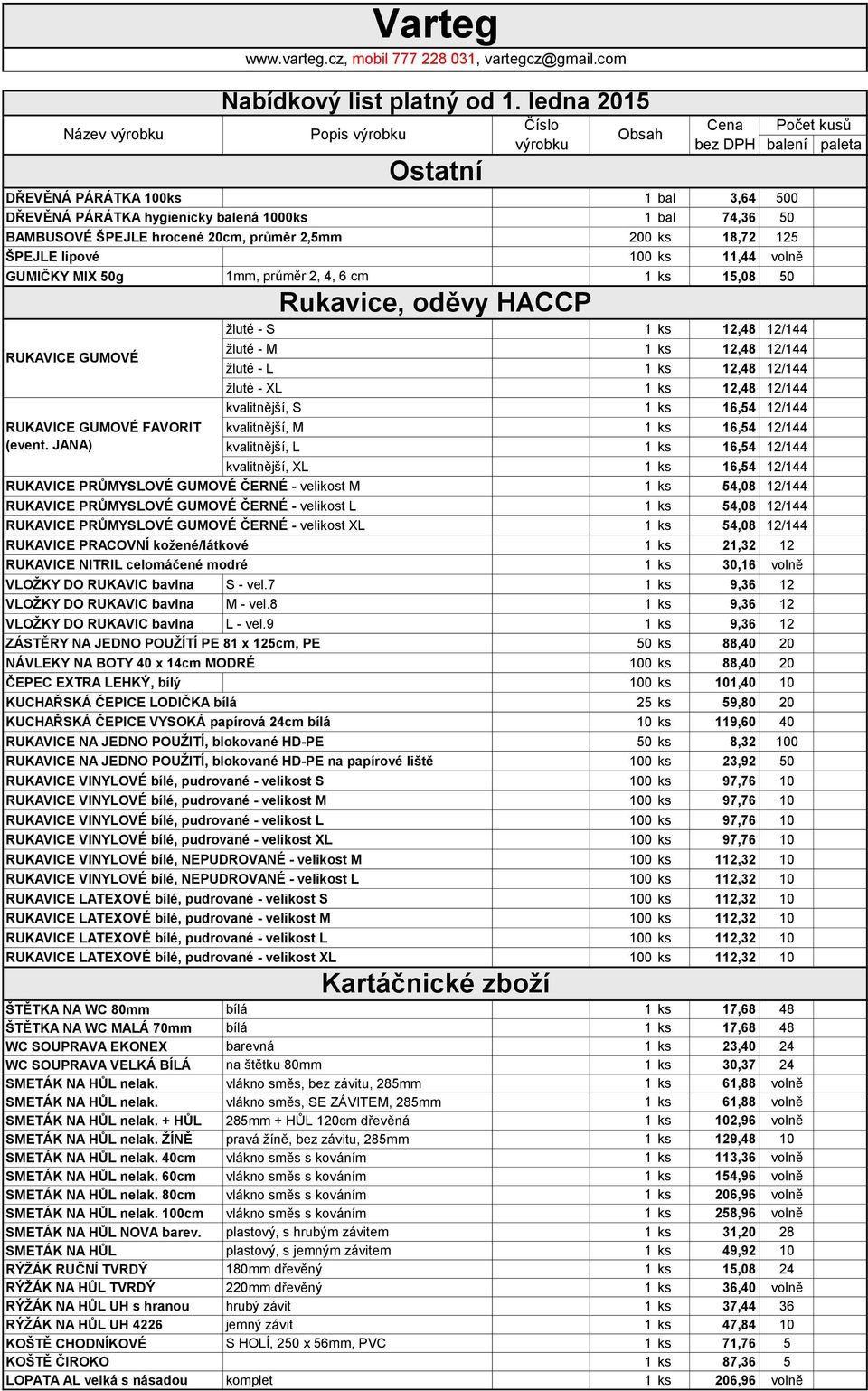 JANA) Ostatní Rukavice, oděvy HACCP žluté - S 1 ks 12,48 12/144 žluté - M 1 ks 12,48 12/144 žluté - L 1 ks 12,48 12/144 žluté - XL 1 ks 12,48 12/144 kvalitnější, S 1 ks 16,54 12/144 kvalitnější, M 1