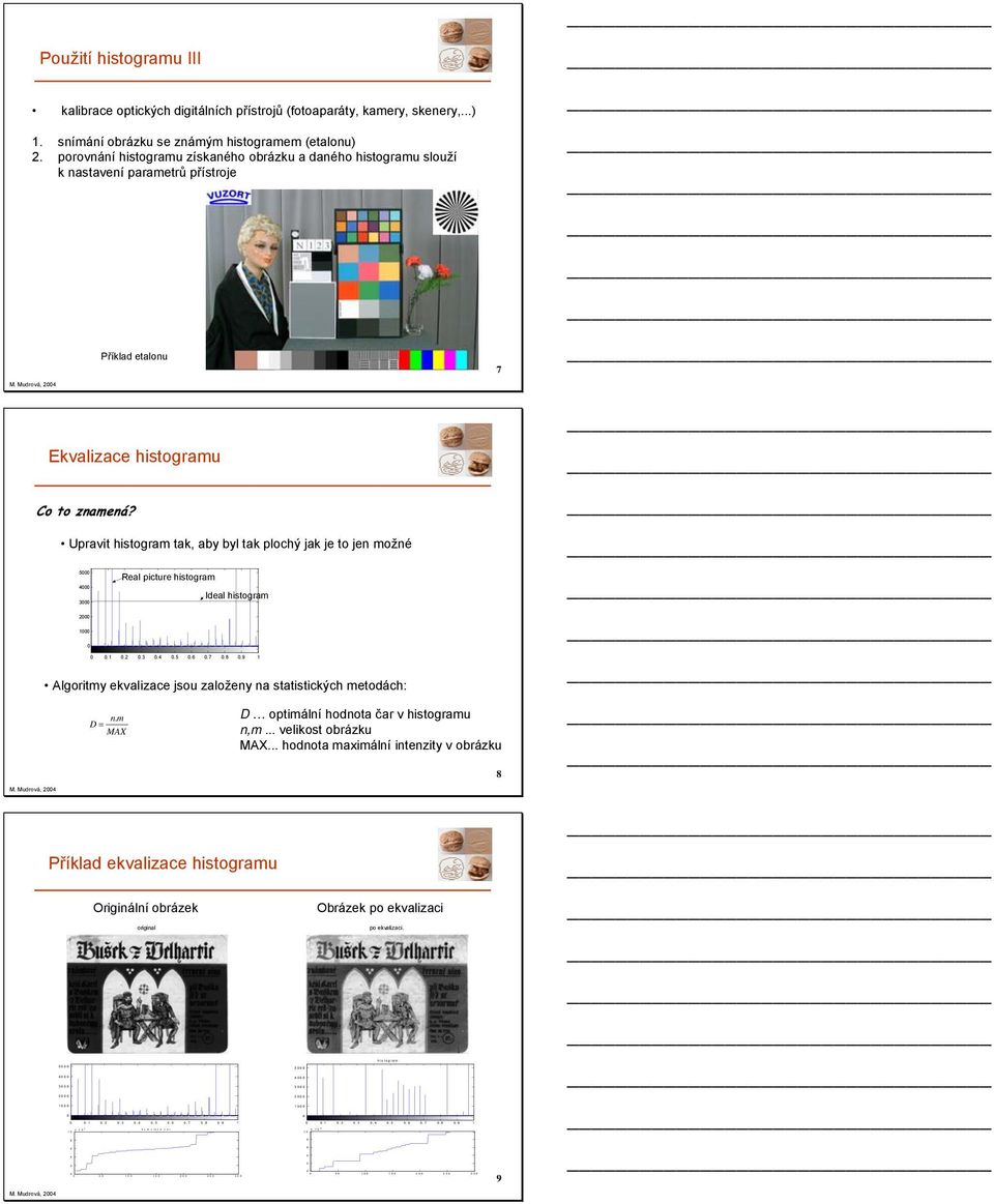 Mudrová, Ekvalizace histogramu Co to znamená? Upravit histogram tak, aby byl tak plochý jak je to jen možné 5 3 Real picture histogram Ideal histogram...3..5..7.