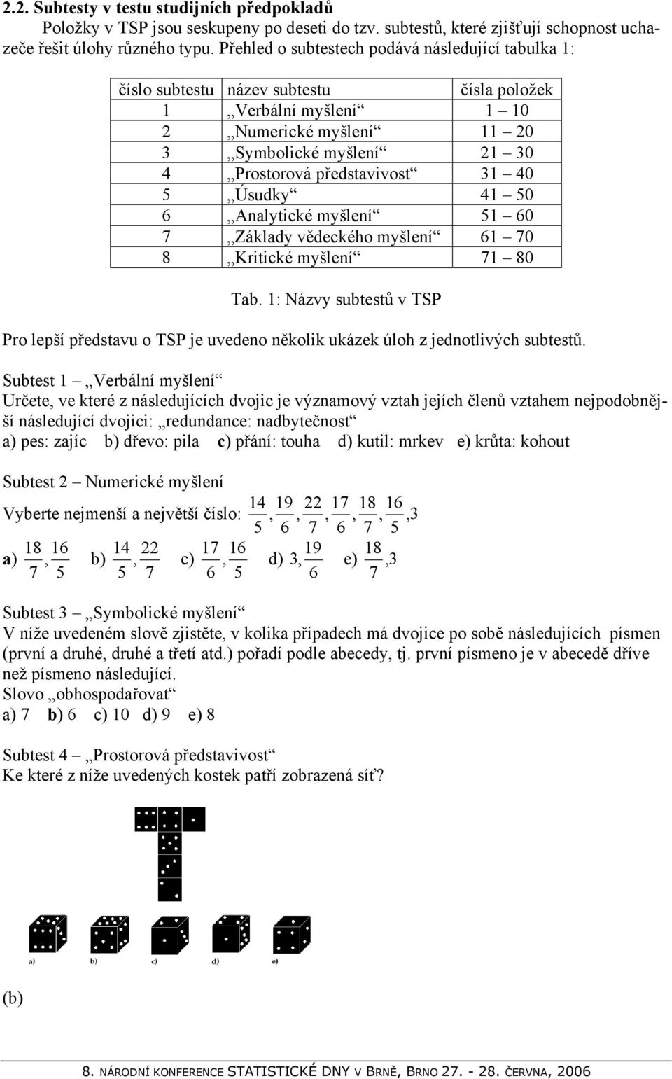 Úsudky 41 6 Analytické myšlení 51 7 Základy vědeckého myšlení 61 8 Kritické myšlení 71 Tab. 1: Názvy subtestů v TSP Pro lepší představu o TSP je uvedeno několik ukázek úloh z jednotlivých subtestů.