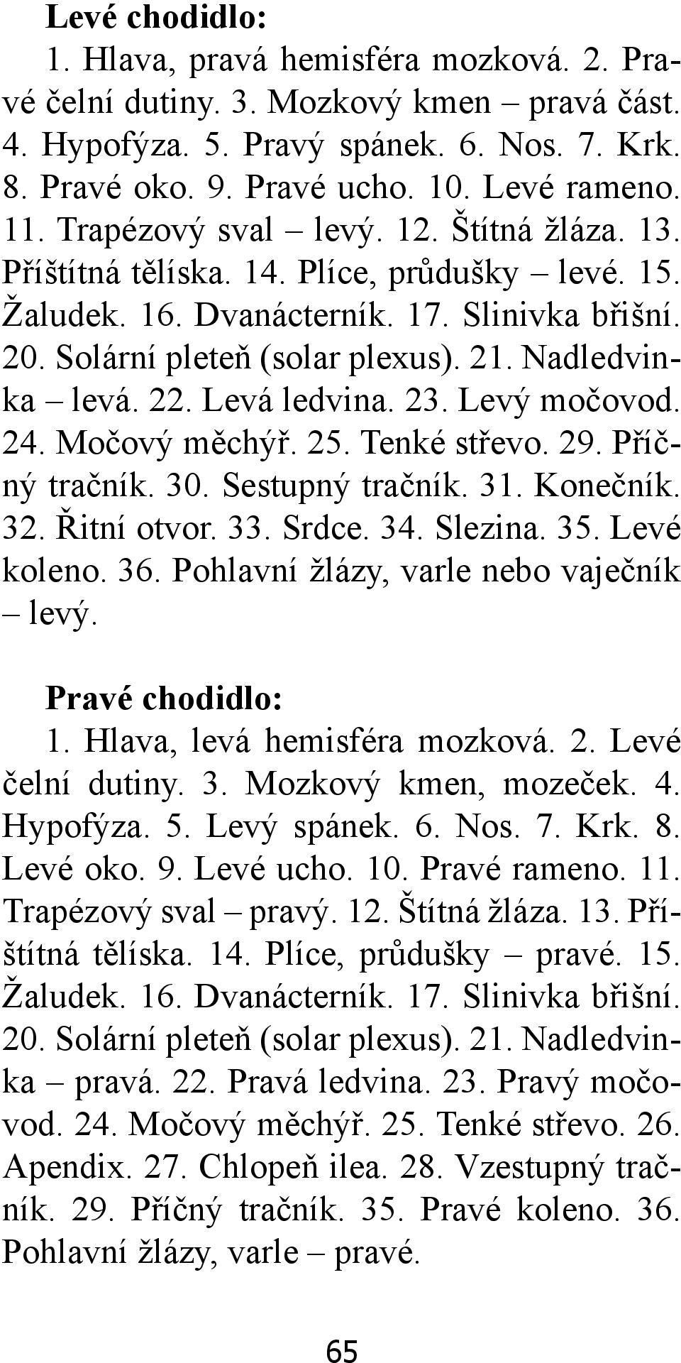 . Levá ledvina. 3. Levý močovod. 4. Močový měchýř. 5. Tenké střevo. 9. Příčný tračník. 30. Sestupný tračník. 31. Konečník. 3. Řitní otvor. 33. Srdce. 34. Slezina. 35. Levé koleno. 36.