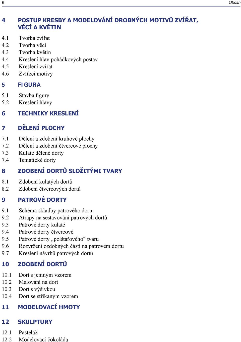 4 Tematické dorty 8 Zdobení dortů složitými tvary 8.1 Zdobení kulatých dortů 8.2 Zdobení čtvercových dortů 9 Patrové dorty 9.1 Schéma skladby patrového dortu 9.