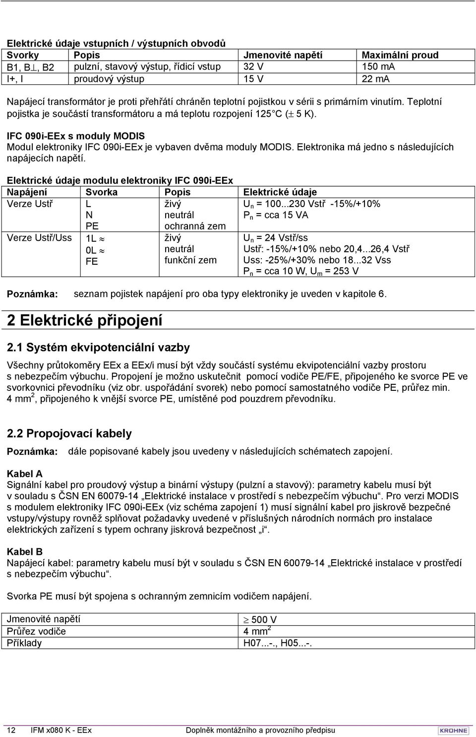 IFC 090i-EEx s moduly MODIS Modul elektroniky IFC 090i-EEx je vybaven dvěma moduly MODIS. Elektronika má jedno s následujících napájecích napětí.