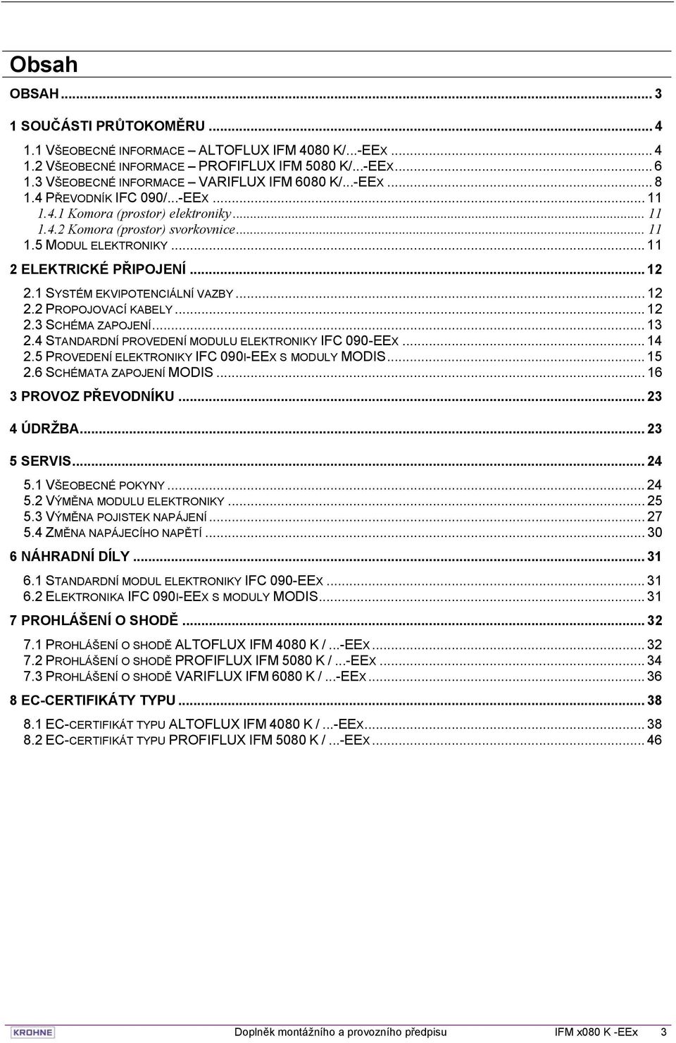 .. 11 2 ELEKTRICKÉ PŘIPOJENÍ... 12 2.1 SYSTÉM EKVIPOTENCIÁLNÍ VAZBY... 12 2.2 PROPOJOVACÍ KABELY... 12 2.3 SCHÉMA ZAPOJENÍ... 13 2.4 STANDARDNÍ PROVEDENÍ MODULU ELEKTRONIKY IFC 090-EEX... 14 2.