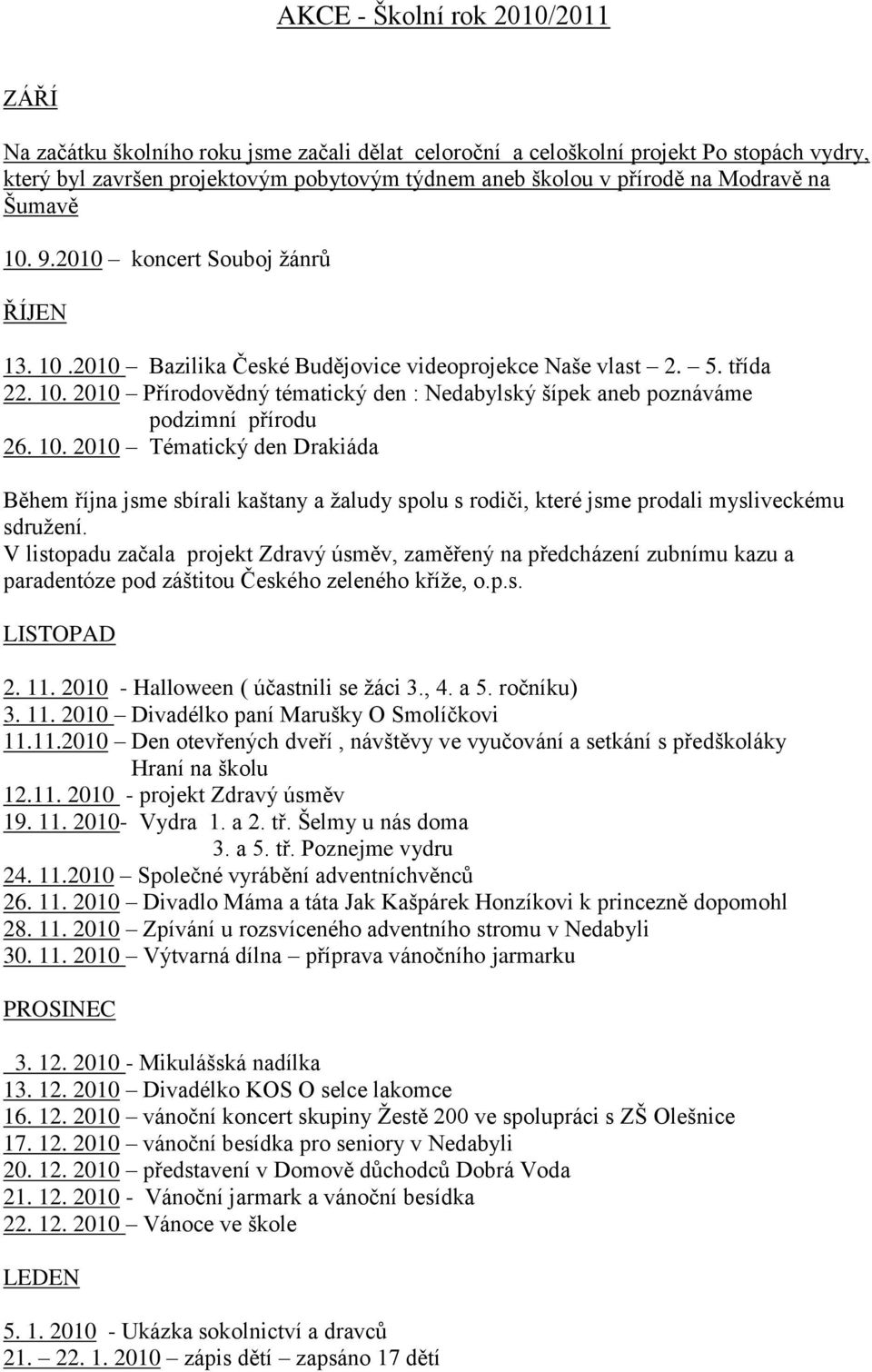 10. 2010 Tématický den Drakiáda Během října jsme sbírali kaštany a ţaludy spolu s rodiči, které jsme prodali mysliveckému sdruţení.