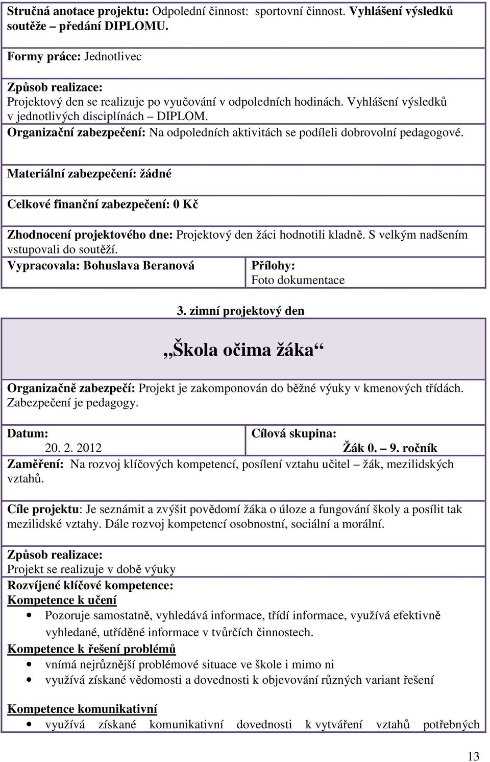 Materiální zabezpečení: žádné Celkové finanční zabezpečení: 0 Kč Zhodnocení projektového dne: Projektový den žáci hodnotili kladně. S velkým nadšením vstupovali do soutěží.