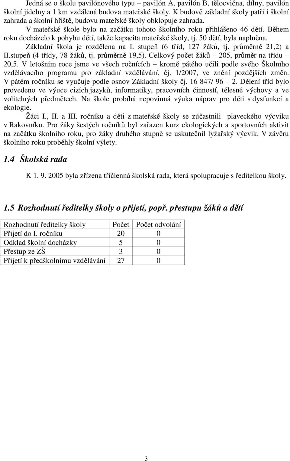 Během roku docházelo k pohybu dětí, takže kapacita mateřské školy, tj. 50 dětí, byla naplněna. Základní škola je rozdělena na I. stupeň (6 tříd, 127 žáků, tj. průměrně 21,2) a II.