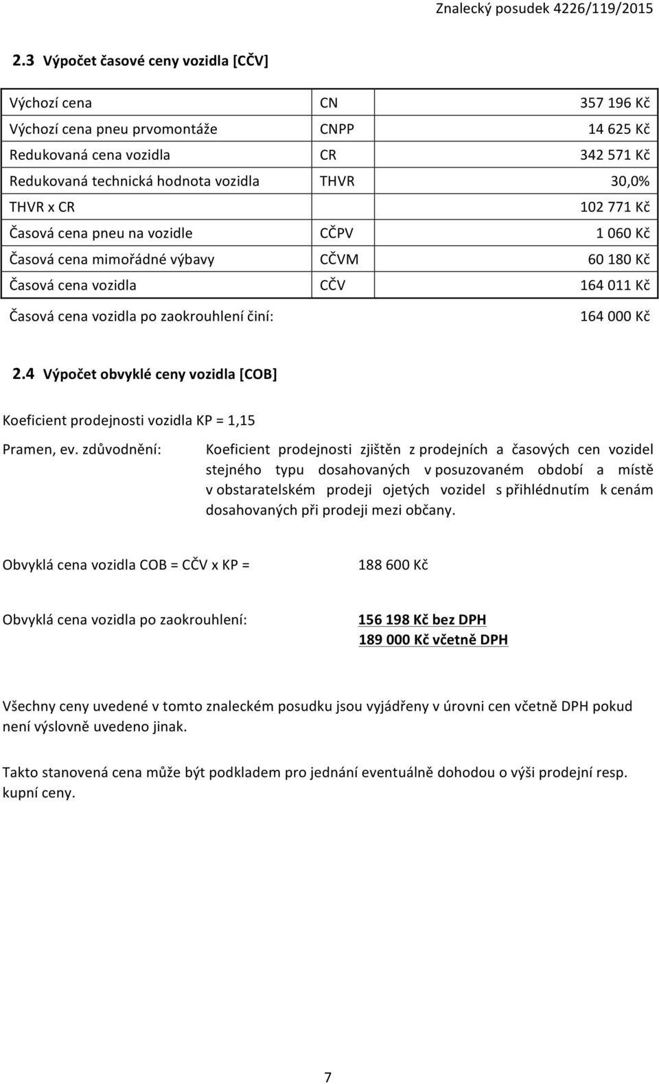 4 Výpočet obvyklé ceny vozidla [COB] Koeficient prodejnosti vozidla KP = 1,15 Pramen, ev.