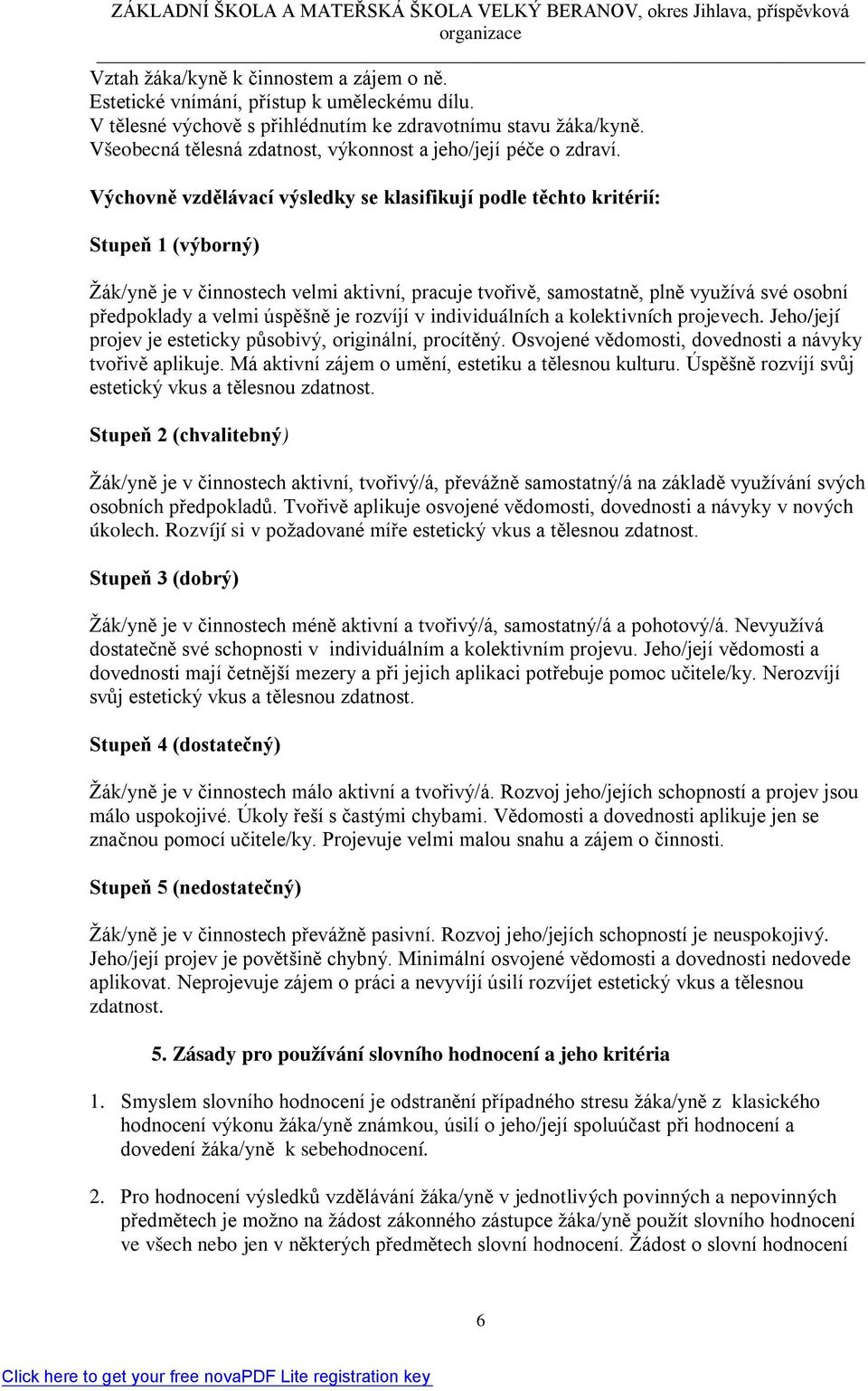 Výchovně vzdělávací výsledky se klasifikují podle těchto kritérií: Stupeň 1 (výborný) Žák/yně je v činnostech velmi aktivní, pracuje tvořivě, samostatně, plně využívá své osobní předpoklady a velmi