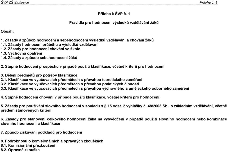 Dělení předmětů pro potřeby klasifikace 3.1. Klasifikace ve vyučovacích předmětech s převahou teoretického zaměření 3.2. Klasifikace ve vyučovacích předmětech s převahou praktických činností 3.3. Klasifikace ve vyučovacích předmětech s převahou výchovného a uměleckého odborného zaměření 4.