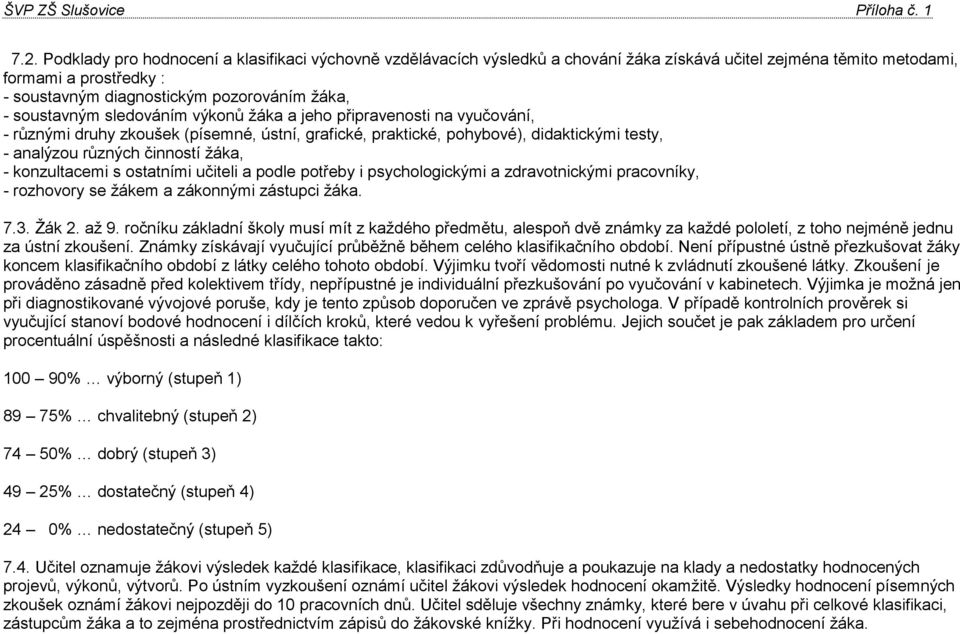 konzultacemi s ostatními učiteli a podle potřeby i psychologickými a zdravotnickými pracovníky, - rozhovory se žákem a zákonnými zástupci žáka. 7.3. Žák 2. až 9.