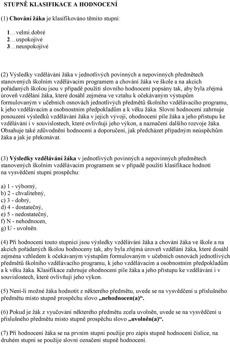 pořádaných školou jsou v případě použití slovního hodnocení popsány tak, aby byla zřejmá úroveň vzdělání žáka, které dosáhl zejména ve vztahu k očekávaným výstupům formulovaným v učebních osnovách