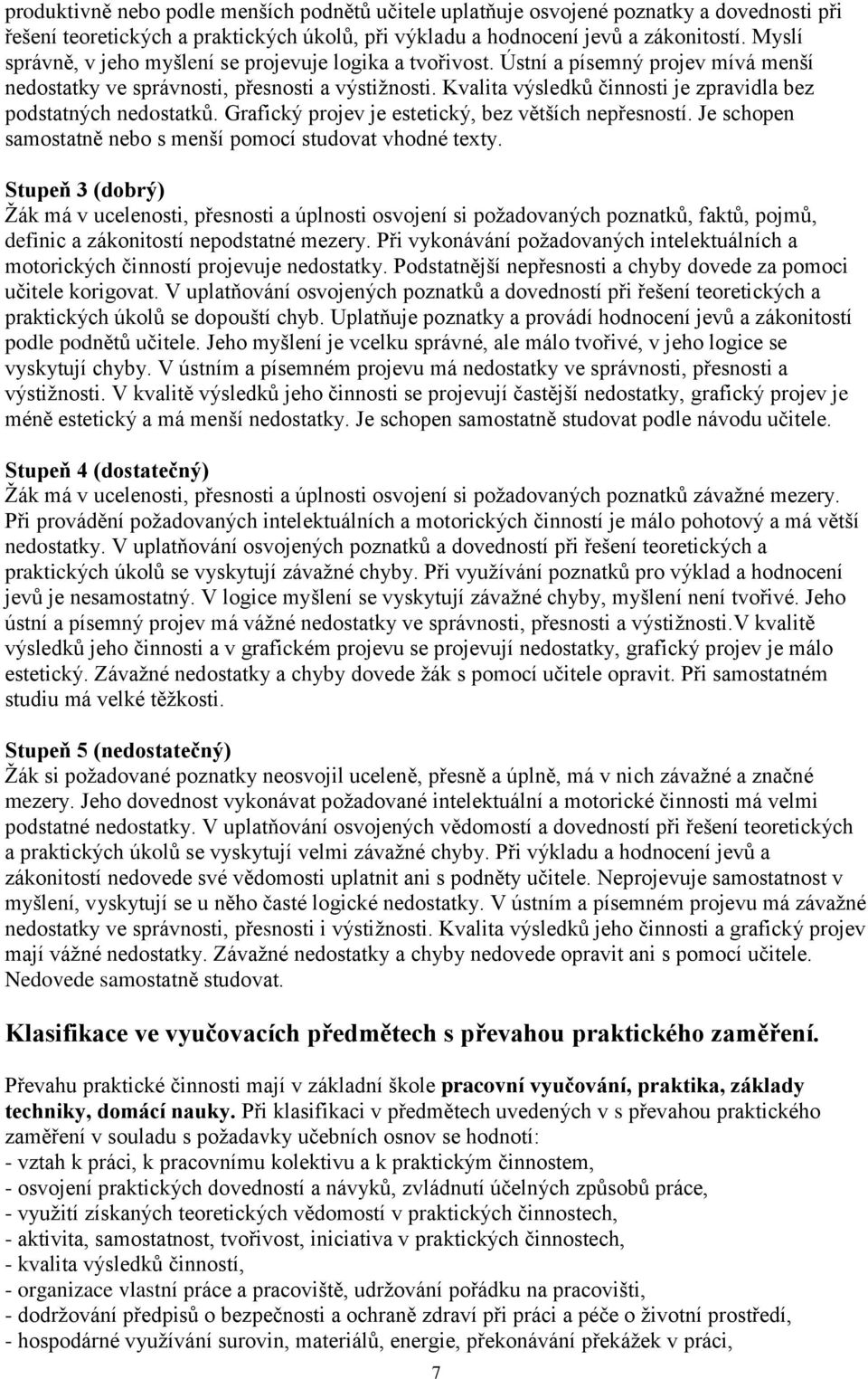 Kvalita výsledků činnosti je zpravidla bez podstatných nedostatků. Grafický projev je estetický, bez větších nepřesností. Je schopen samostatně nebo s menší pomocí studovat vhodné texty.