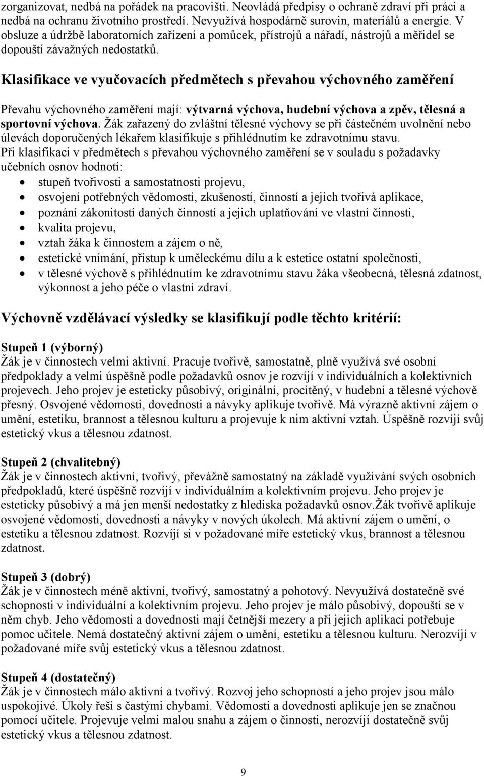 Klasifikace ve vyučovacích předmětech s převahou výchovného zaměření Převahu výchovného zaměření mají: výtvarná výchova, hudební výchova a zpěv, tělesná a sportovní výchova.