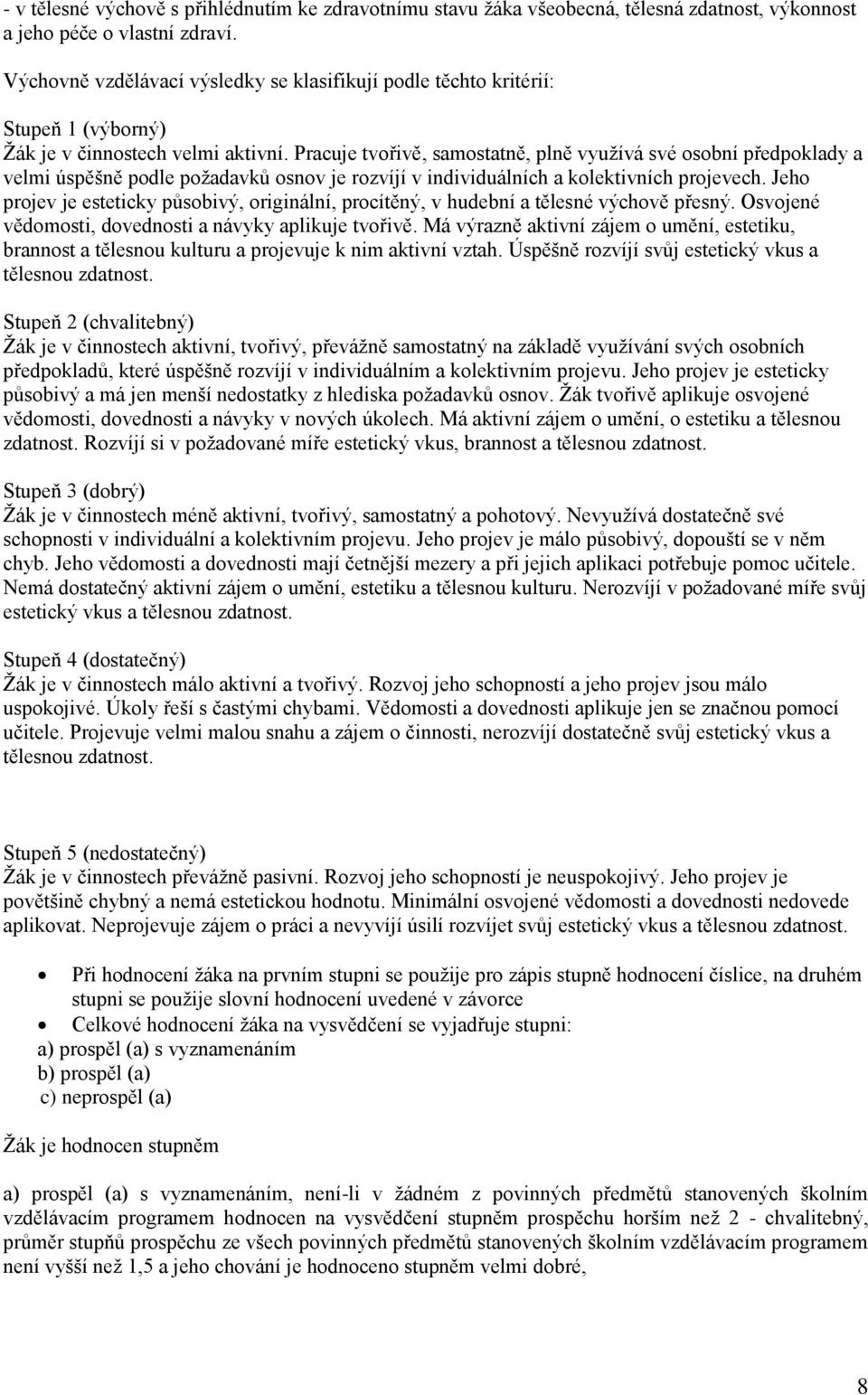 Pracuje tvořivě, samostatně, plně využívá své osobní předpoklady a velmi úspěšně podle požadavků osnov je rozvíjí v individuálních a kolektivních projevech.