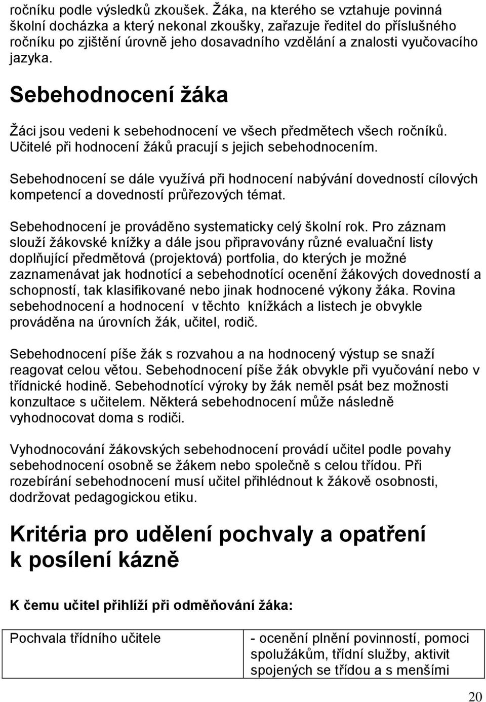 Sebehodnocení žáka Žáci jsou vedeni k sebehodnocení ve všech předmětech všech ročníků. Učitelé při hodnocení žáků pracují s jejich sebehodnocením.