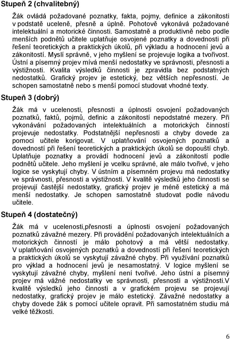 Myslí správně, v jeho myšlení se projevuje logika a tvořivost. Ústní a písemný projev mívá menší nedostatky ve správnosti, přesnosti a výstižnosti.