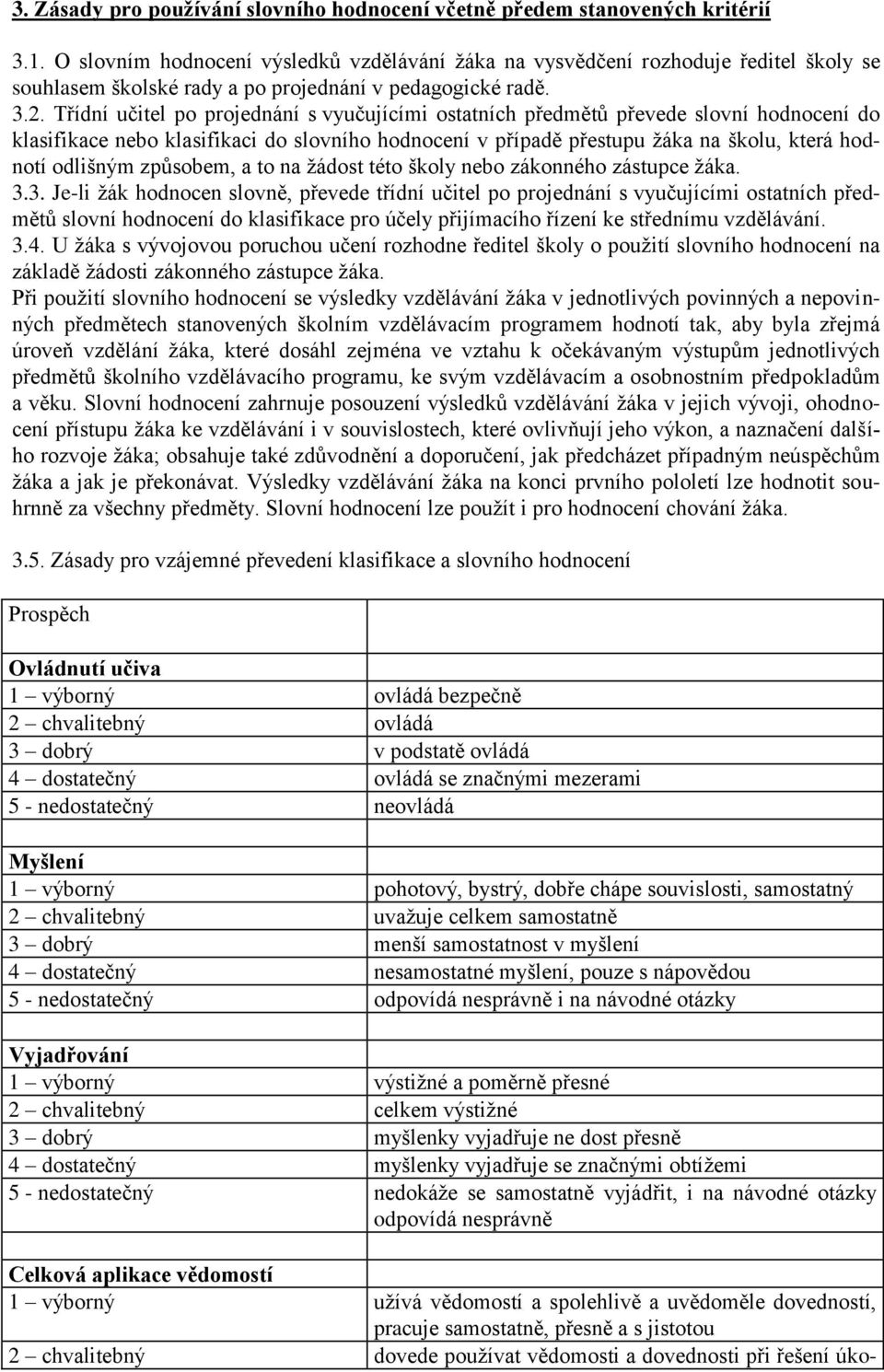 Třídní učitel po projednání s vyučujícími ostatních předmětů převede slovní hodnocení do klasifikace nebo klasifikaci do slovního hodnocení v případě přestupu žáka na školu, která hodnotí odlišným