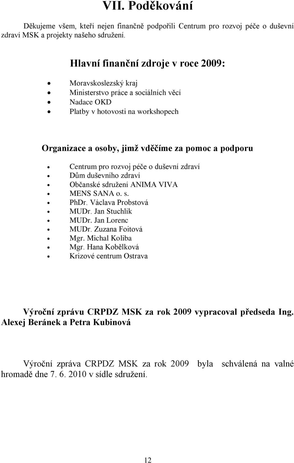 Centrum pro rozvoj péče o duševní zdraví Dům duševního zdraví Občanské sdružení ANIMA VIVA MENS SANA o. s. PhDr. Václava Probstová MUDr. Jan Stuchlík MUDr. Jan Lorenc MUDr. Zuzana Foitová Mgr.