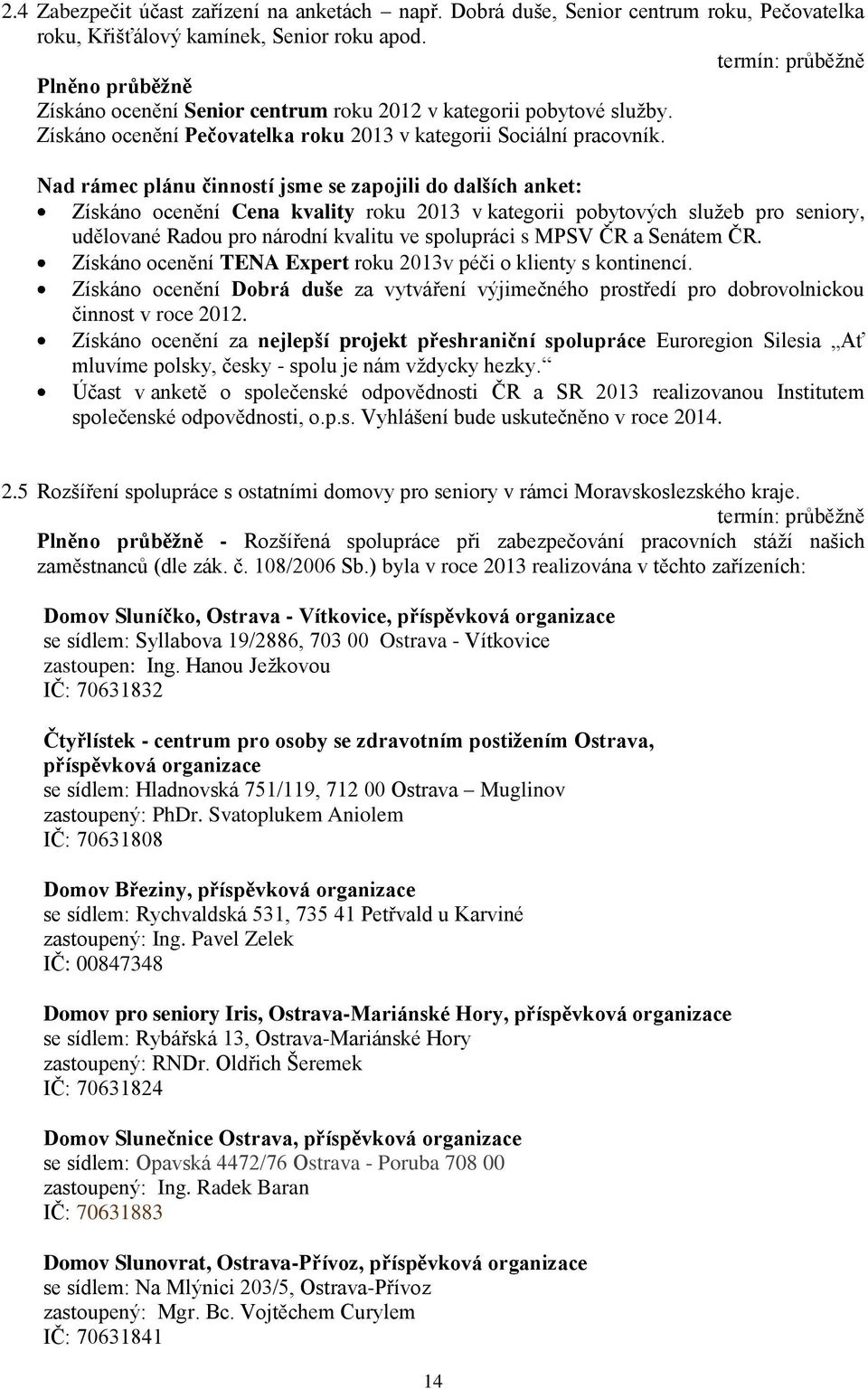 Nad rámec plánu činností jsme se zapojili do dalších anket: Získáno ocenění Cena kvality roku 2013 v kategorii pobytových služeb pro seniory, udělované Radou pro národní kvalitu ve spolupráci s MPSV