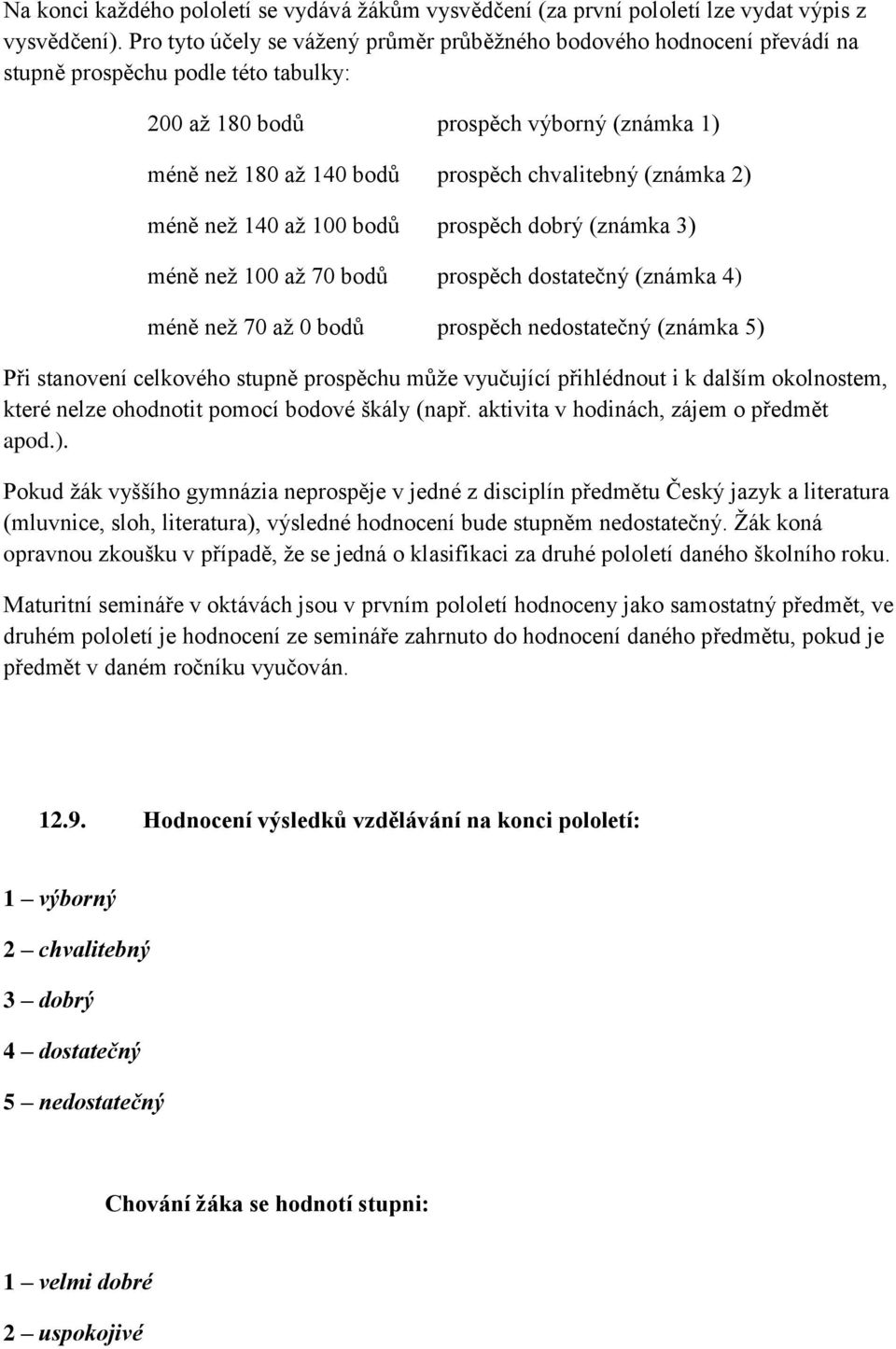 (známka 2) méně než 140 až 100 bodů prospěch dobrý (známka 3) méně než 100 až 70 bodů prospěch dostatečný (známka 4) méně než 70 až 0 bodů prospěch nedostatečný (známka 5) Při stanovení celkového