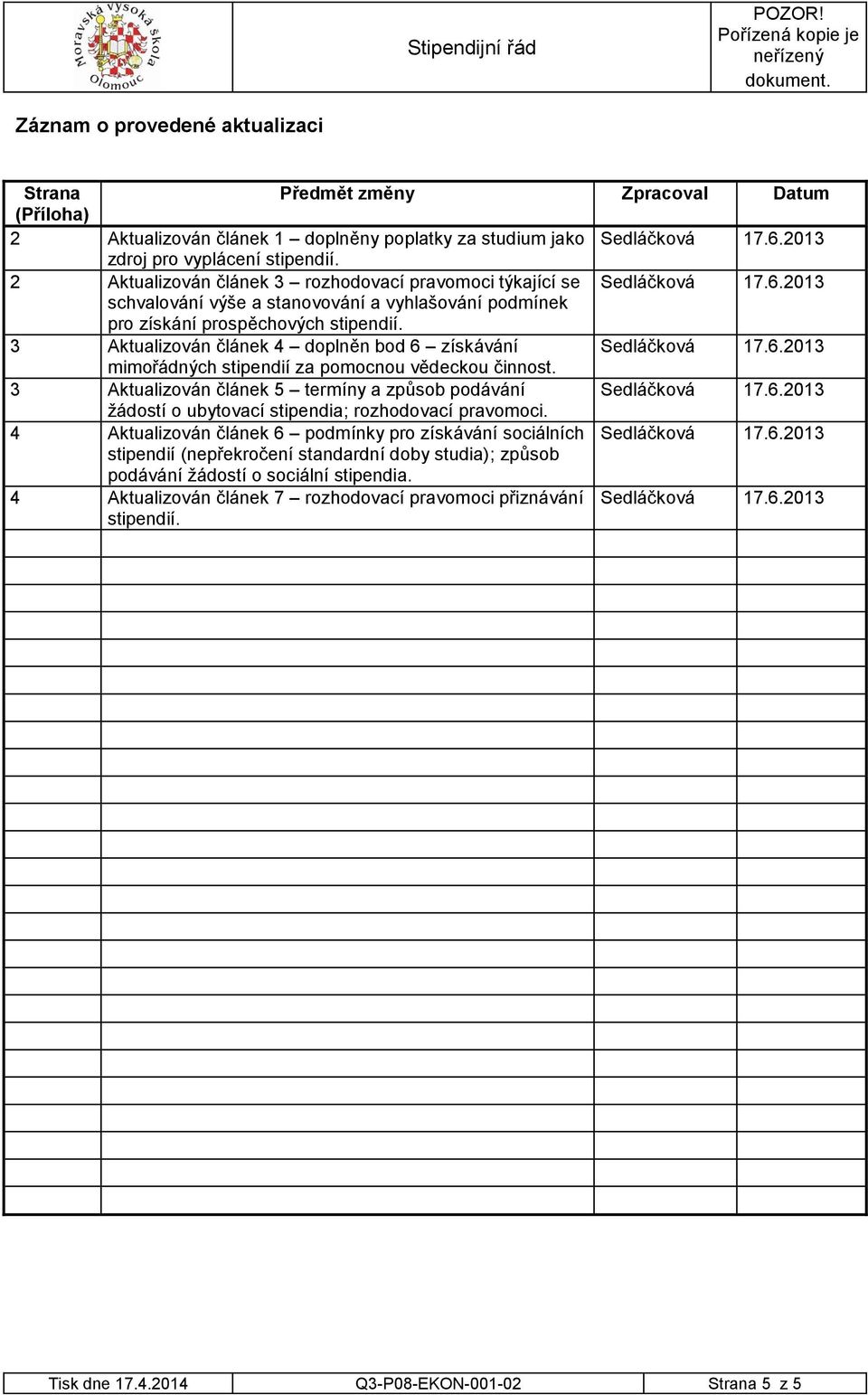 3 Aktualizován článek 4 doplněn bod 6 získávání Sedláčková 17.6.2013 mimořádných stipendií za pomocnou vědeckou činnost. 3 Aktualizován článek 5 termíny a způsob podávání Sedláčková 17.6.2013 žádostí o ubytovací stipendia; rozhodovací pravomoci.