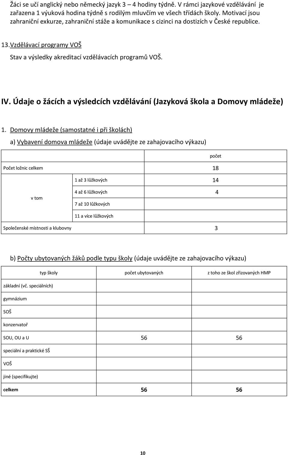 Údaje o žácích a výsledcích vzdělávání (Jazyková škola a Domovy mládeže).