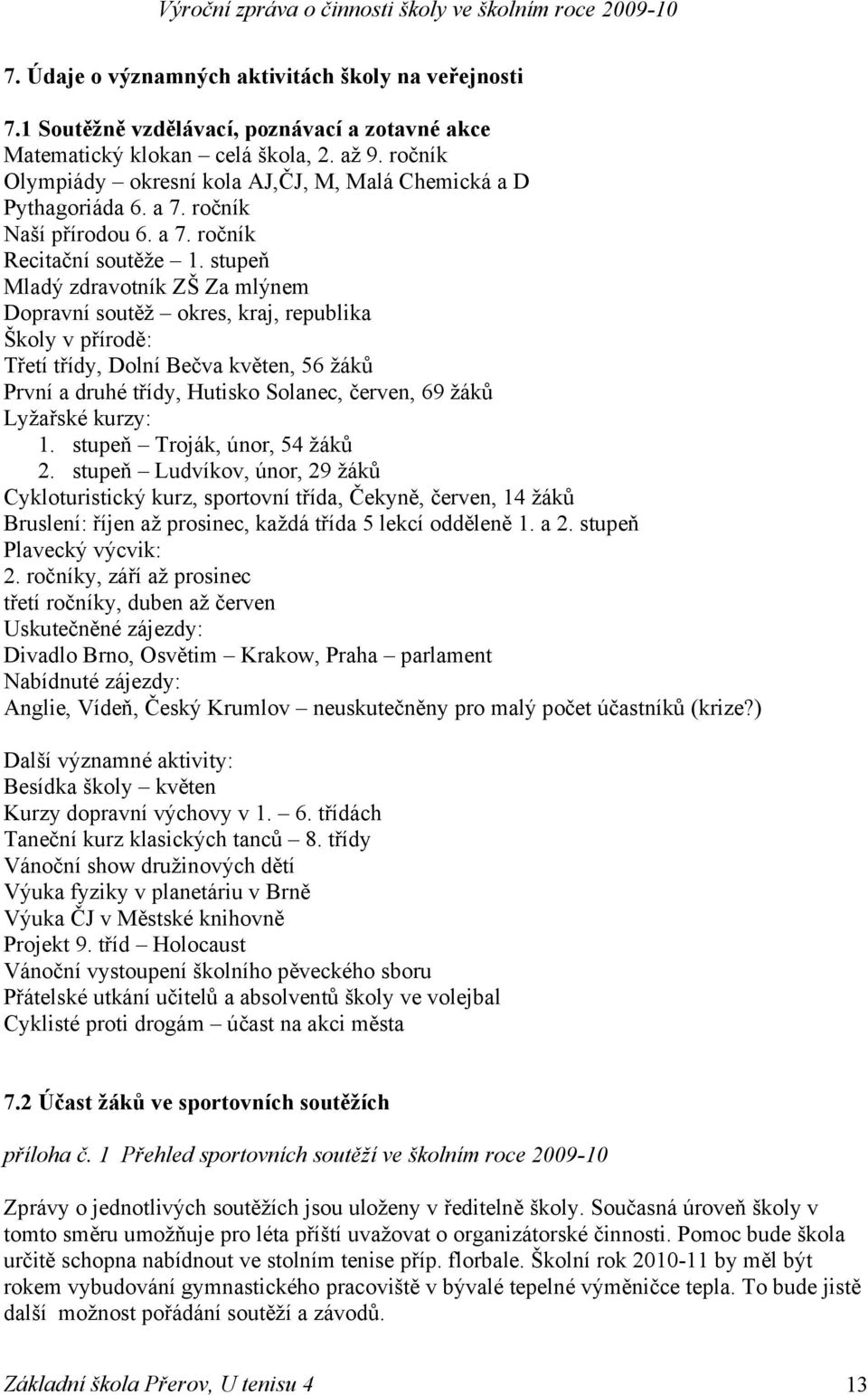 Mladý zdravotník ZŠ Za mlýnem Dopravní soutěž okres, kraj, republika Školy v přírodě: Třetí třídy, Dolní Bečva květen, 56 První a druhé třídy, Hutisko Solanec, červen, 69 Lyžařské kurzy: 1.