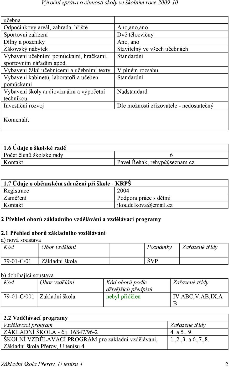 Stavitelný ve všech učebnách Standardní V plném rozsahu Standardní Nadstandard Dle možností zřizovatele - nedostatečný Komentář: 1.