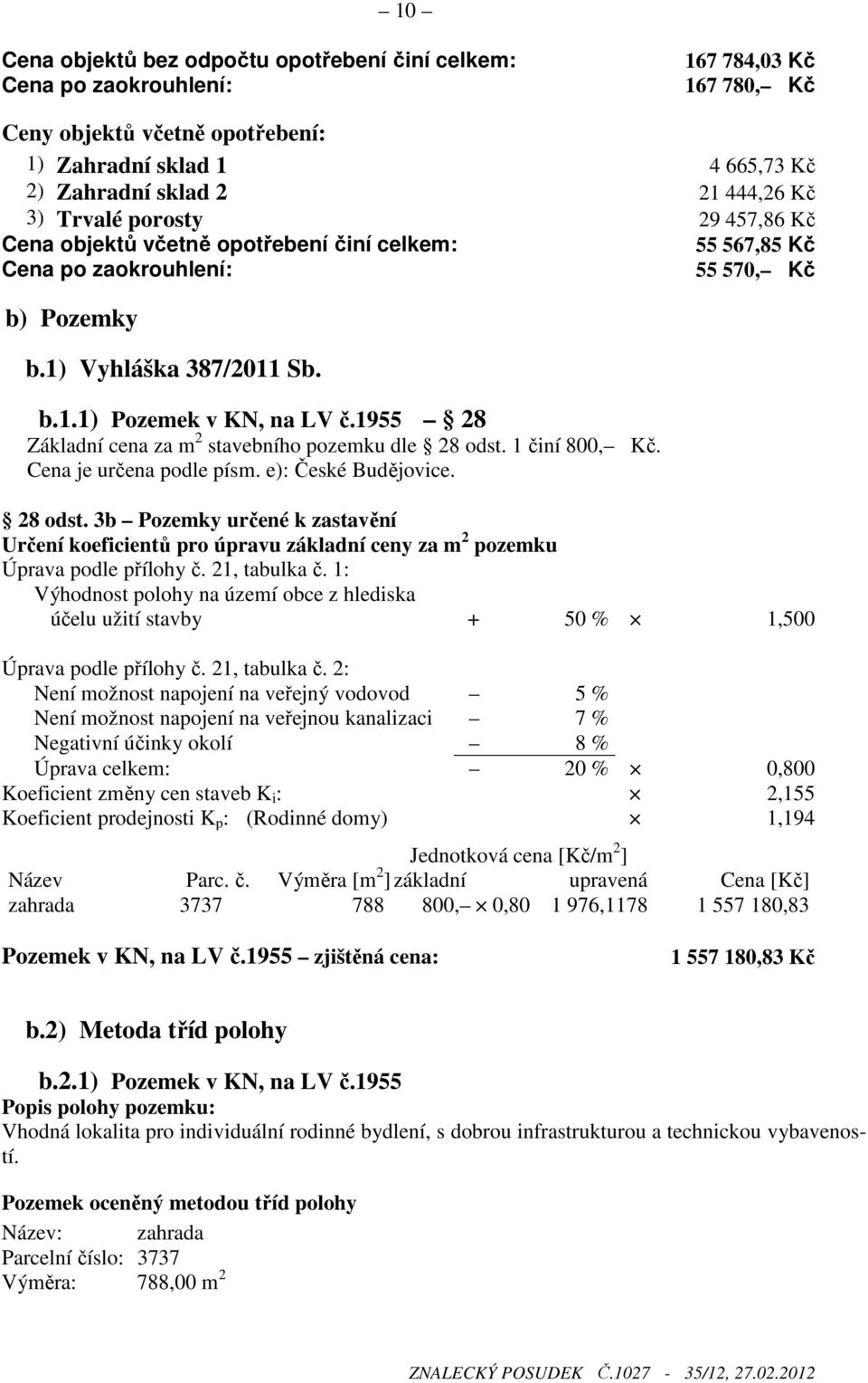 1955 28 Základní cena za m 2 stavebního pozemku dle 28 odst. 1 činí 800, Kč. Cena je určena podle písm. e): České Budějovice. 28 odst. 3b Pozemky určené k zastavění Určení koeficientů pro úpravu základní ceny za m 2 pozemku Úprava podle přílohy č.