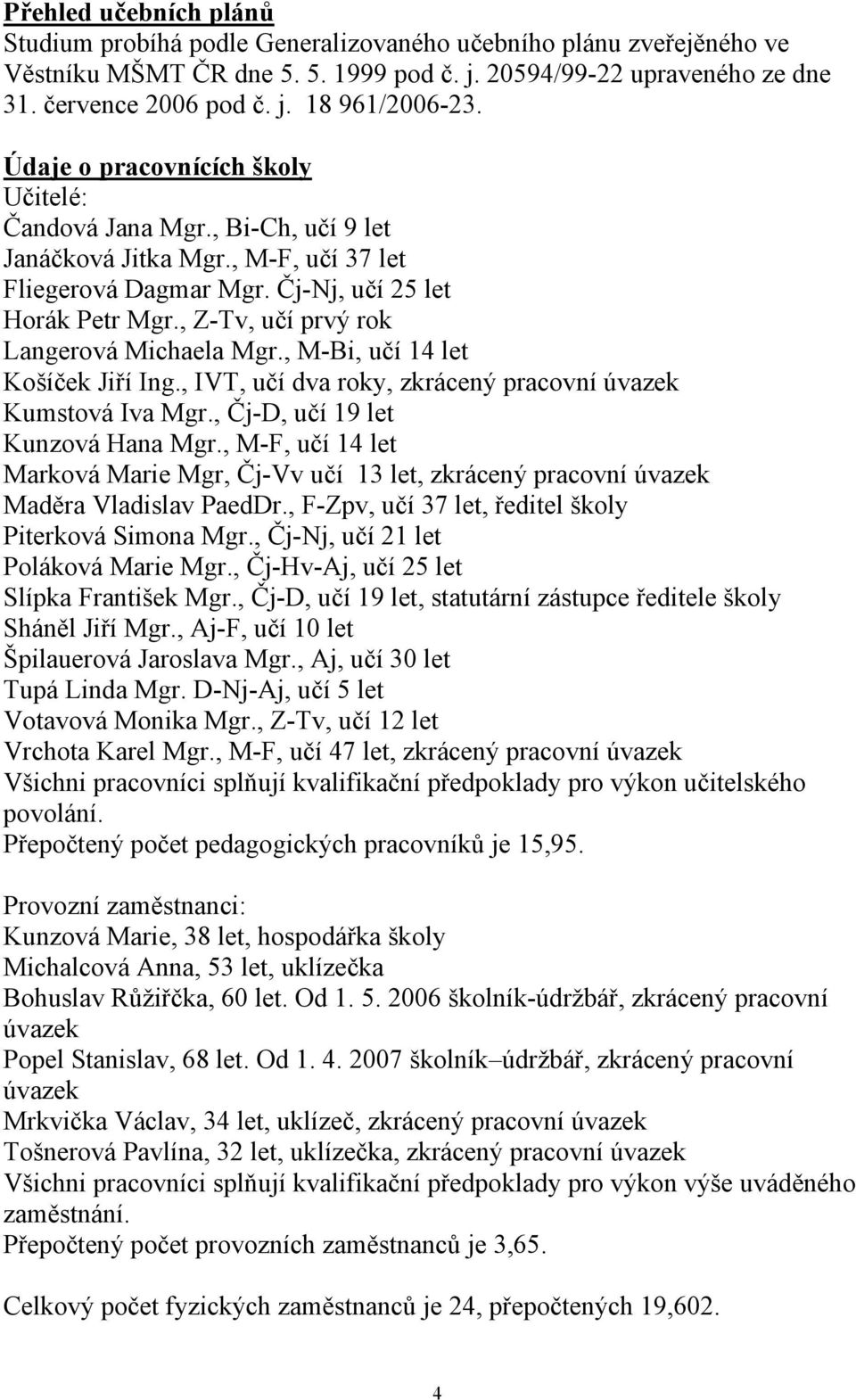 , Z-Tv, učí prvý rok Langerová Michaela Mgr., M-Bi, učí 14 let Košíček Jiří Ing., IVT, učí dva roky, zkrácený pracovní úvazek Kumstová Iva Mgr., Čj-D, učí 19 let Kunzová Hana Mgr.