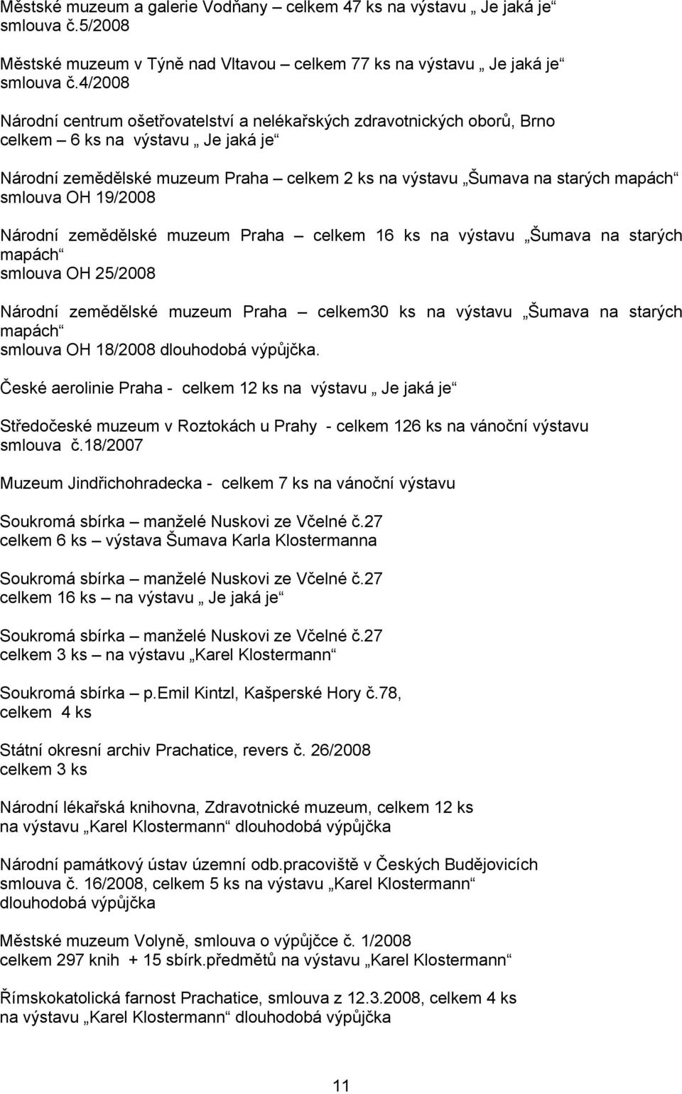 smlouva OH 19/2008 Národní zemědělské muzeum Praha celkem 16 ks na výstavu Šumava na starých mapách smlouva OH 25/2008 Národní zemědělské muzeum Praha celkem30 ks na výstavu Šumava na starých mapách