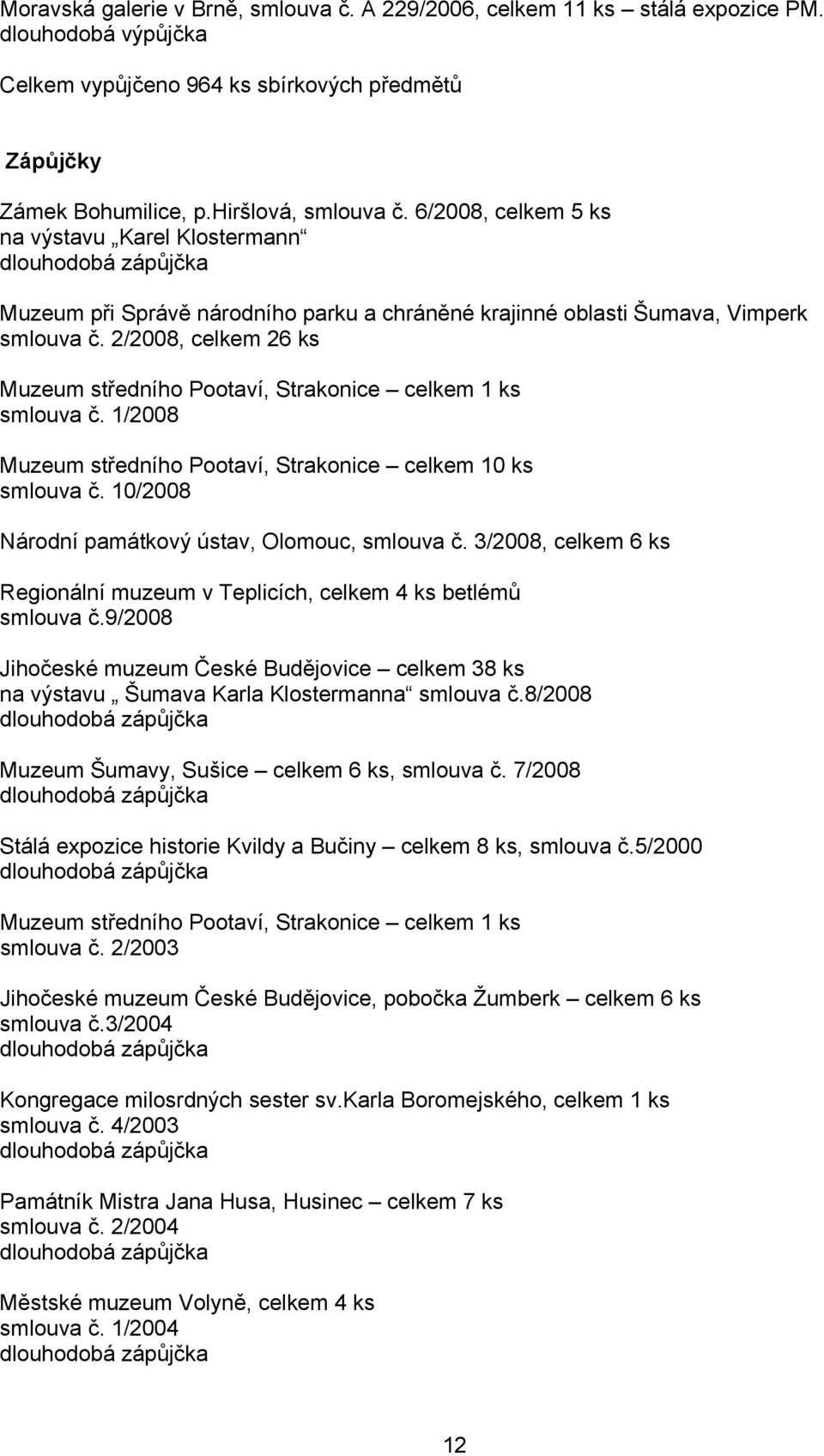 2/2008, celkem 26 ks Muzeum středního Pootaví, Strakonice celkem 1 ks smlouva č. 1/2008 Muzeum středního Pootaví, Strakonice celkem 10 ks smlouva č.