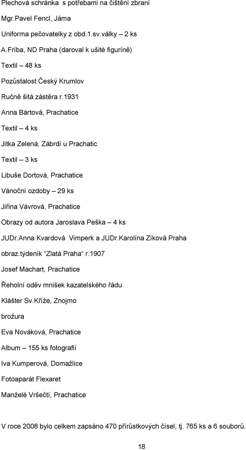 1931 Anna Bártová, Prachatice Textil 4 ks Jitka Zelená, Zábrdí u Prachatic Textil 3 ks Libuše Dortová, Prachatice Vánoční ozdoby 29 ks Jiřina Vávrová, Prachatice Obrazy od autora Jaroslava Peška 4 ks